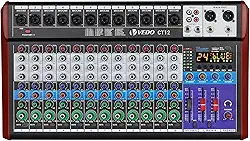 VEDO Mesa de Mistura CT12 Profissional de 12 Canais com Equalizador de 3 Bandas, 24 Efeitos DSP, Bluetooth 5.0, Reprodução/Gravação USB, Alimentação Phantom 48V para Som ao Vivo, Estúdio, Karaokê