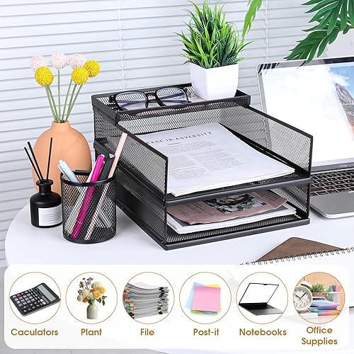 Miniatura 5 de Juego de bandejas de metal negro para cartas, 3 bandejas organizadoras de cajones de escritorio de oficina con 1 soporte para vasos de malla de