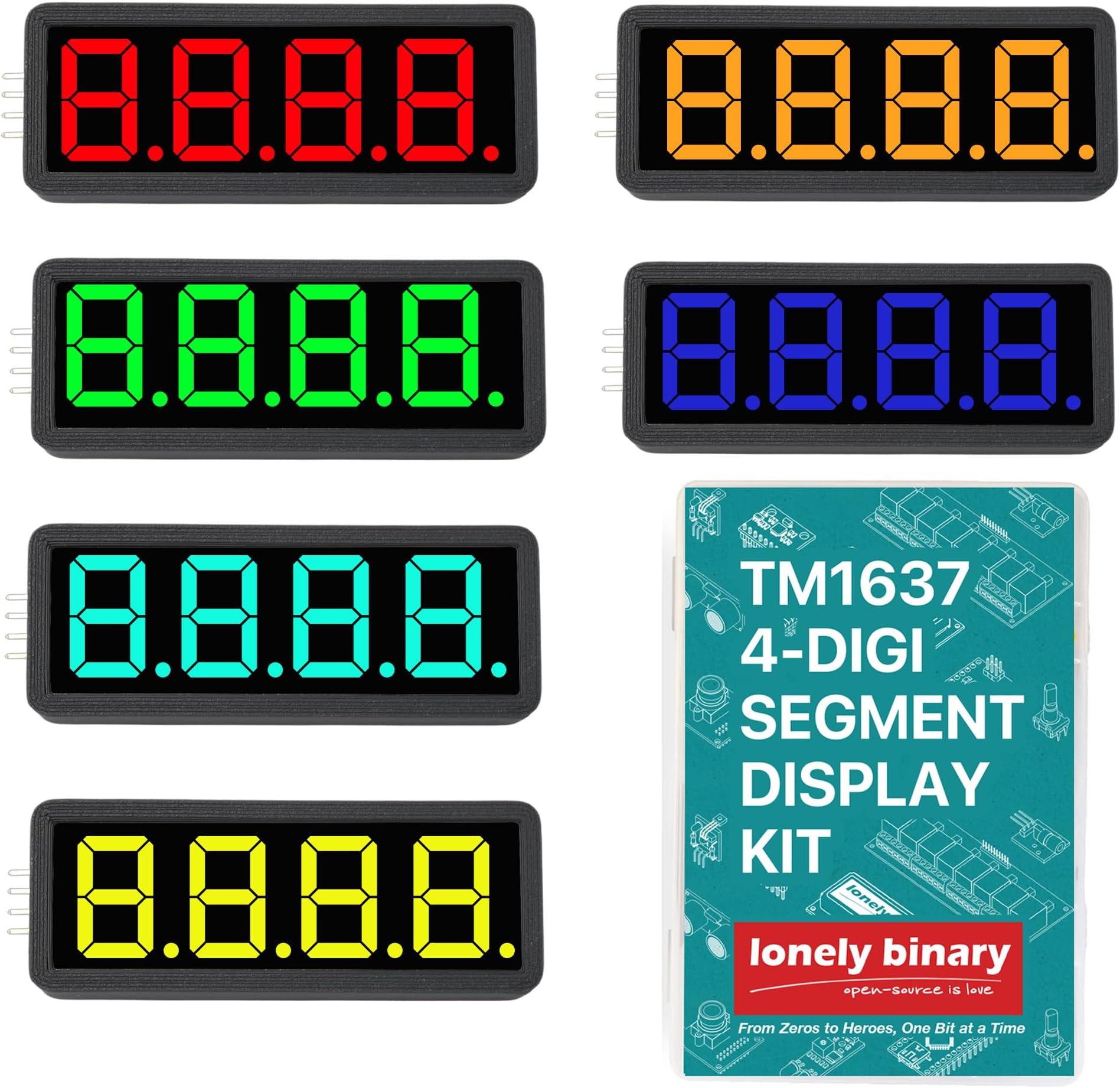 Lonely Binary 6-Pack 0.56" 4-Digit TM1637 LED Display Kit with Decimal Points, 3D Enclosures & Film Covers for Arduino, ESP32-S3, Raspberry Pi Pico, Multi-Color