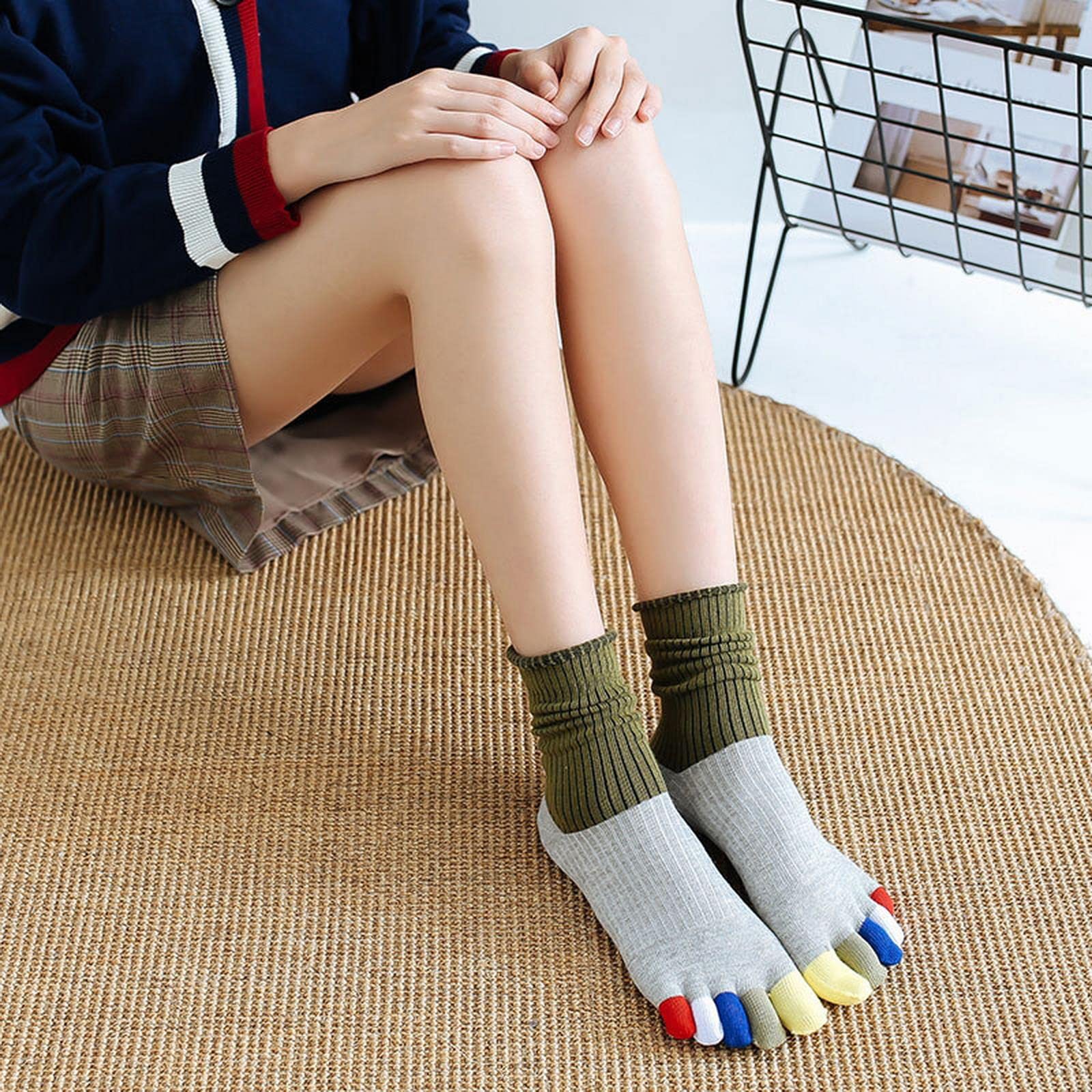 MOGSA Zehensocken 5 Paar Socken mit Zehen, Baumwoll-Stil, Anti-Atmungsaktiv, Fünf-Finger-Socken, 2Grün2Rot1Schwarz, Größe 36-40