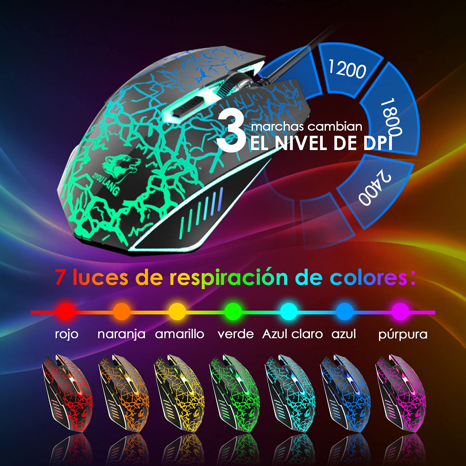 ZIYOU LANG T13 [Español QWERTY] Teclado y Raton Gaming Rainbow LED 104 Teclas para Teclado Mecanico Sentir Gamer 2400 dpi Retroiluminado Raton con Alfombrilla para PS5 PC Laptop Mac - Negro