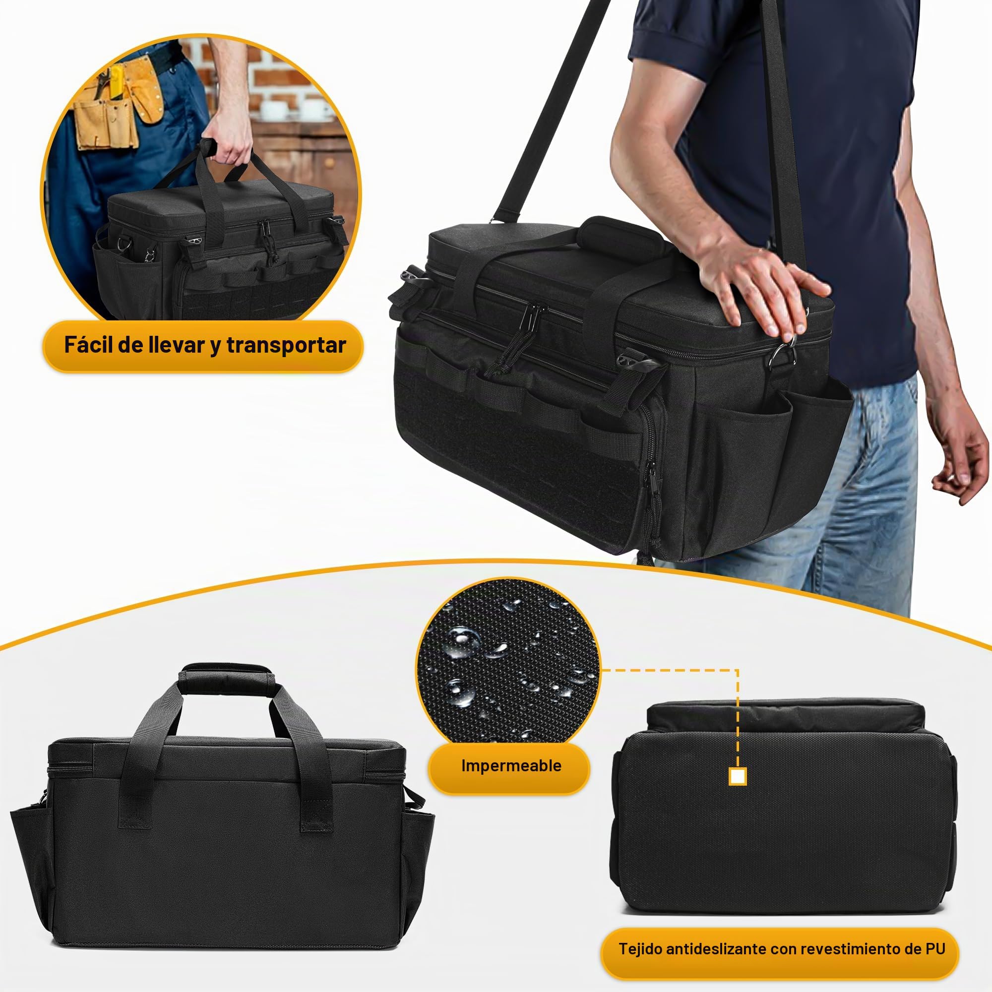 Rexmica Bolsa de Herramientas y 3 Bolsas Herramientas Portátiles Pequeñas | Bolsa Herramienta Electricista de Trabajo Multiusos para Reparadores, Electricistas, Carpinteros, Negro