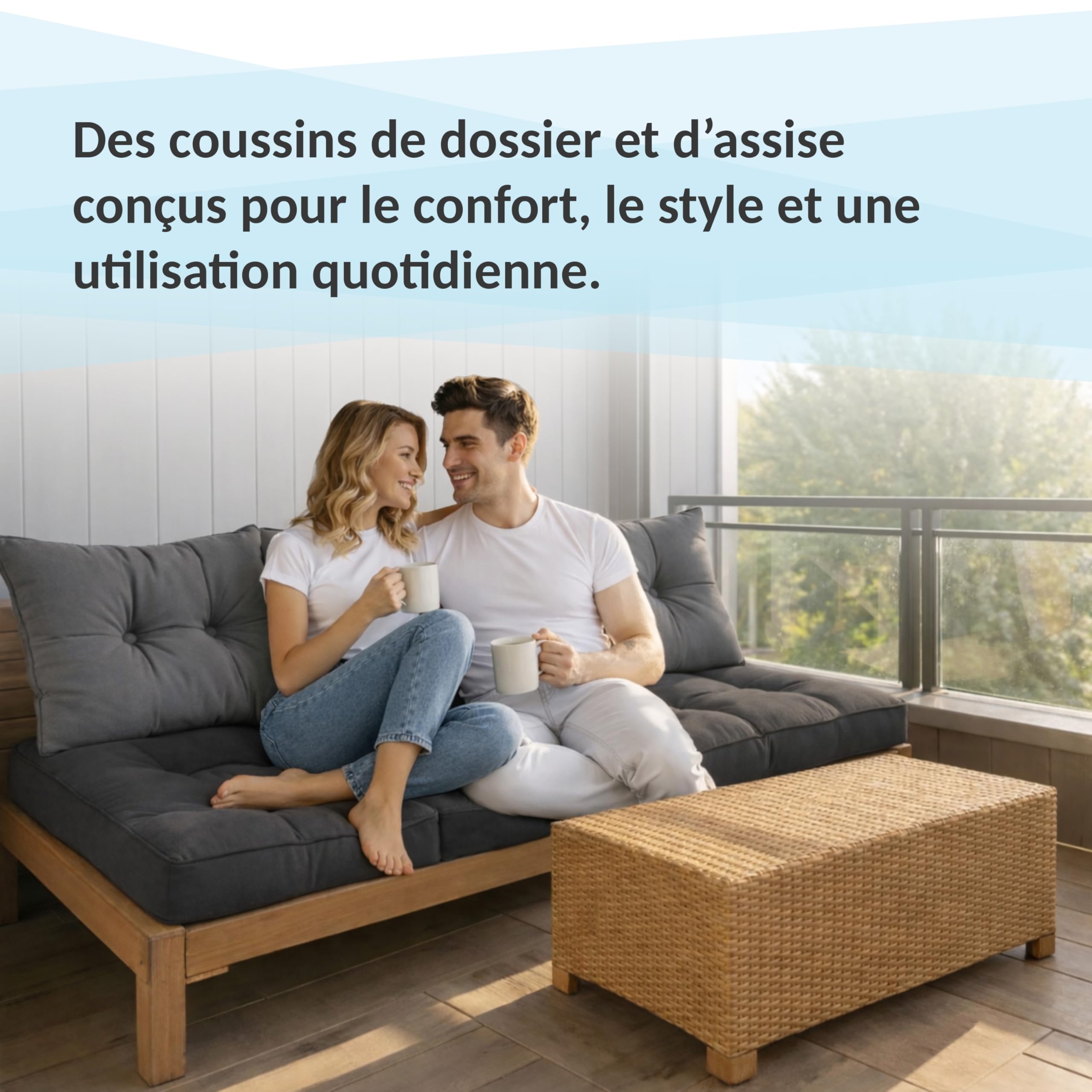 POKAR Lot de 2 Coussins de Jardin 1x Assise 60x60x10 cm + 1x Dossier 60x40x10 cm | Imperméable et Déperlant | Set de Coussins pour Chaise, Fauteuil Rotin et Salon de Jardin | Made in EU | Beige