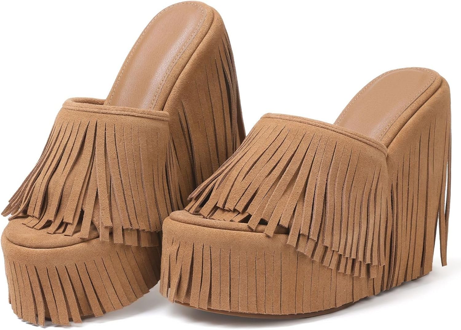 CYNLLIO Fringe Platform Sandals Women Dressy Wedge Heels Summer Boho Shoes Slip on Open Toe Slides Tassels Beach Slippers