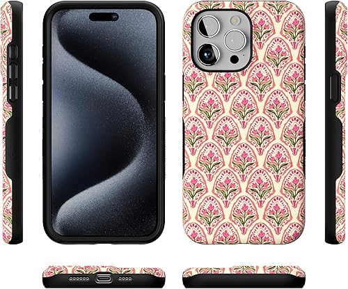 Vista 1551 de Casely Funda para iPhone 15 Pro Max Jardín Secreto Flores mixtas Funda atrevida Compatible con MagSafe y botón de acción Secret Garden