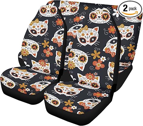 Dia de Los Muertos Sugar Skull Car Seat Covers and Coordinating Mats – Mexican Calaveras Auto Interior Set for Festive Car Style (3pcs Front+Back seat Covers)