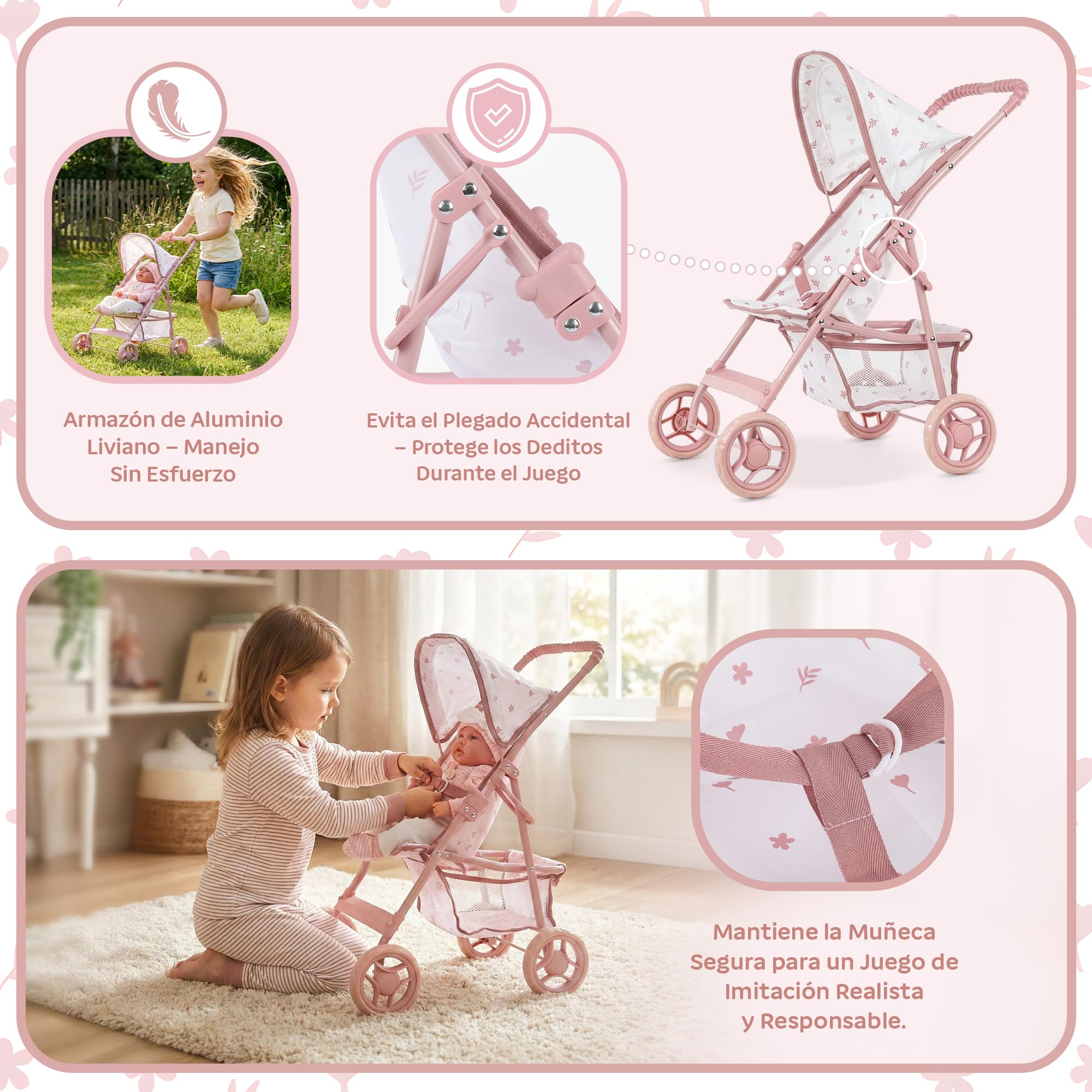 Kinderplay Cochecito de muñecas a Partir de 3 años: Cochecito Plegable Ligero para niñas con Ruedas EVA, cinturón y Visera – Cochecito de Juguete Rosa para muñecas