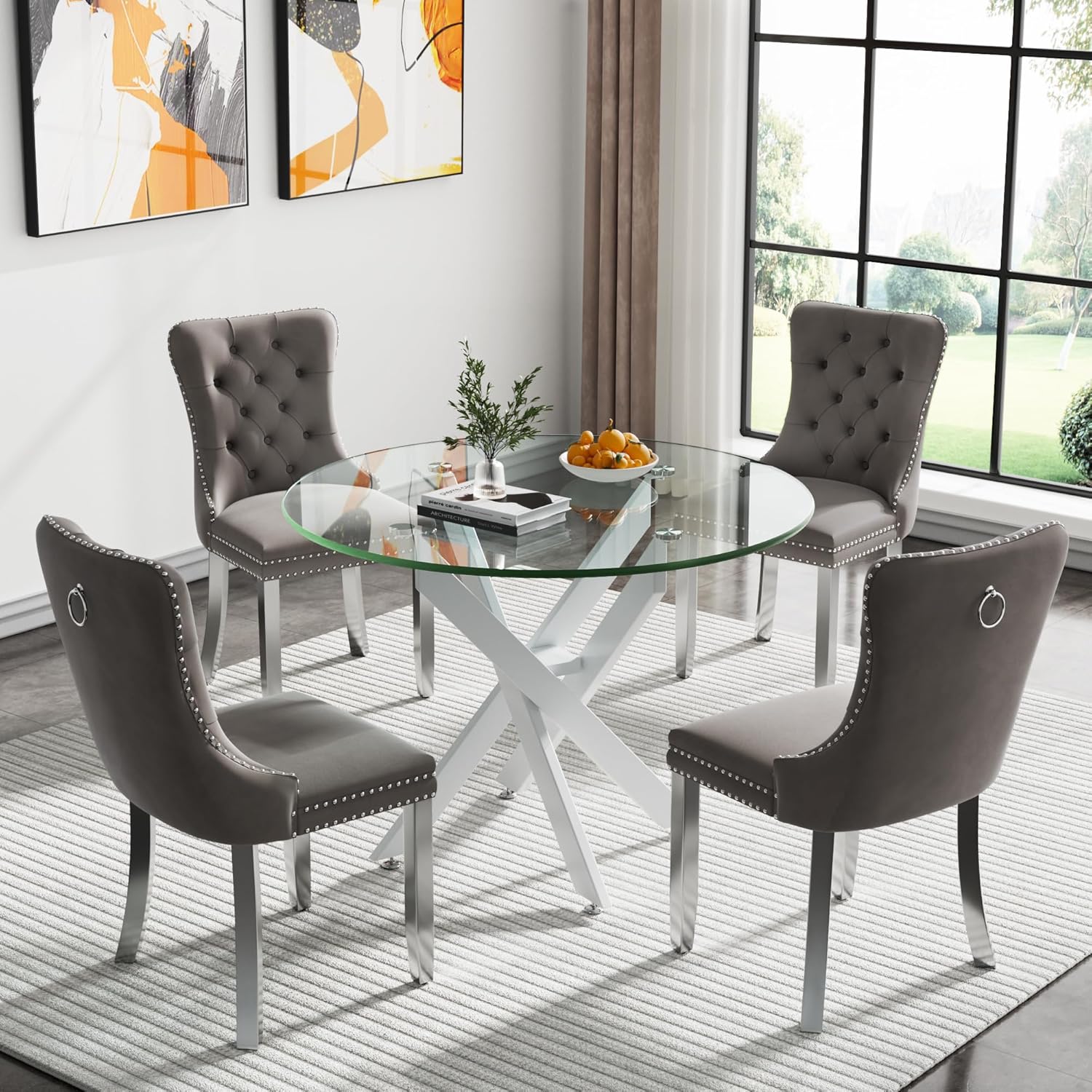 Amazon.com - KUVADAZ 36" Modern White Glass Dining Room Table Set for 4 ...