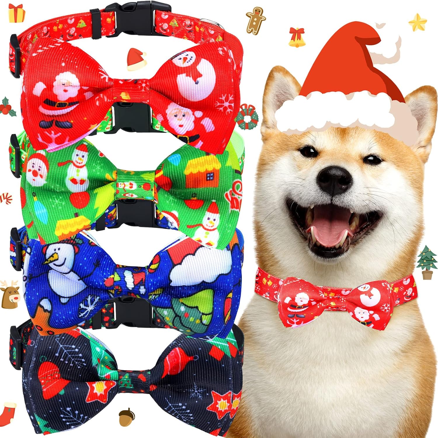 4 Pcs Christmas Dog Collar with Bow Funny Puppy Collars Adjustable Dog Bowtie Comfortable Basic Pet Collars Snowman Bell Santa Pattern Plastic Buckle for Small Medium Large Dog (Small) : Pet Supplies