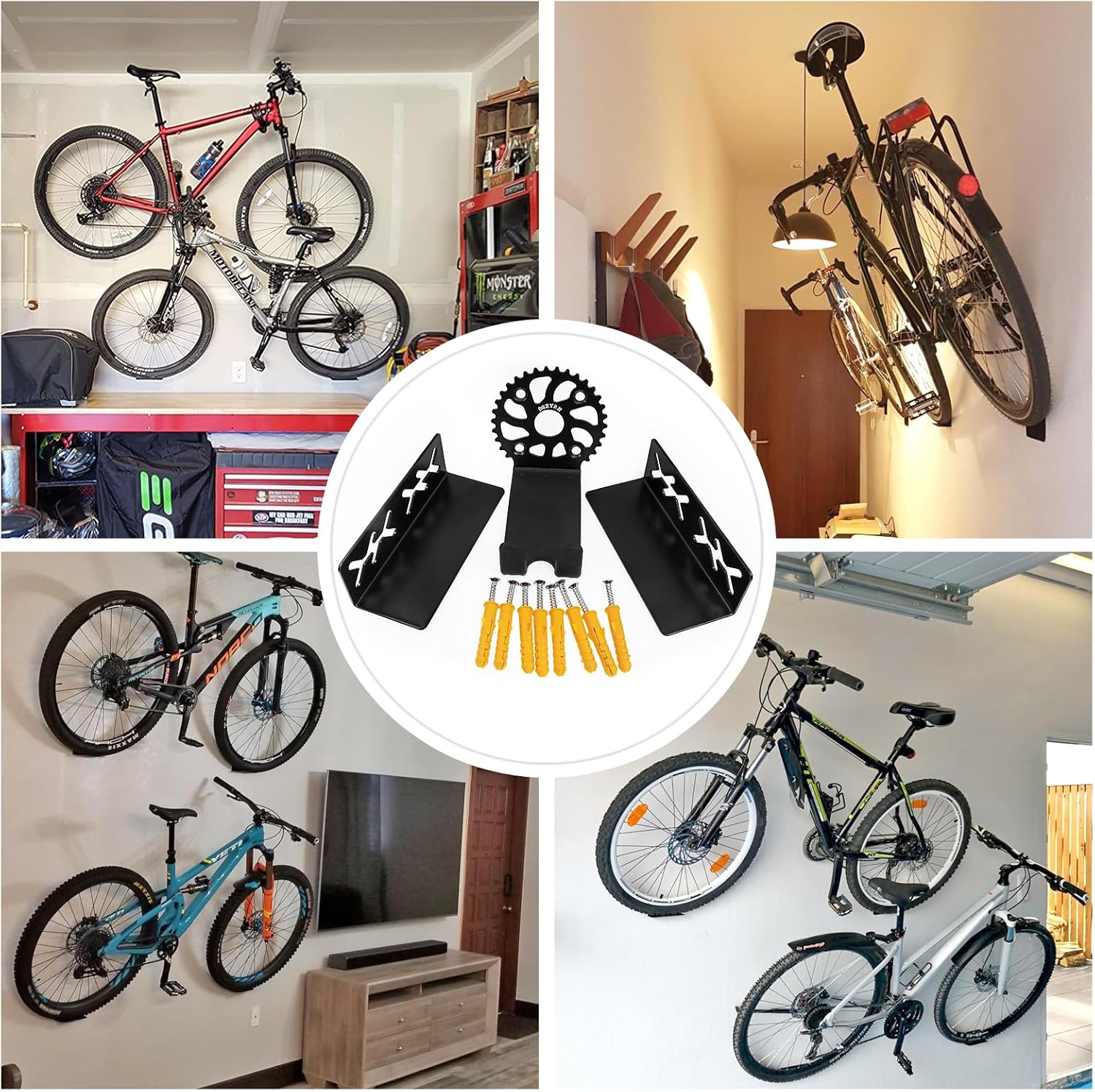 MZYRH Heavy Duty Bike Wall Mount, Stainless Steel, 2 Pack, Bicycle Storage Rack, Ideal for Road, Mountain or Hybrid Bikes