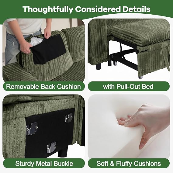 Sectional Sleeper Sofa with Pull Out Bed, L Shaped Sofa, Green