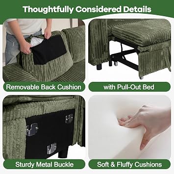 Sectional Sleeper Sofa with Pull Out Bed, L Shaped Sofa, Green