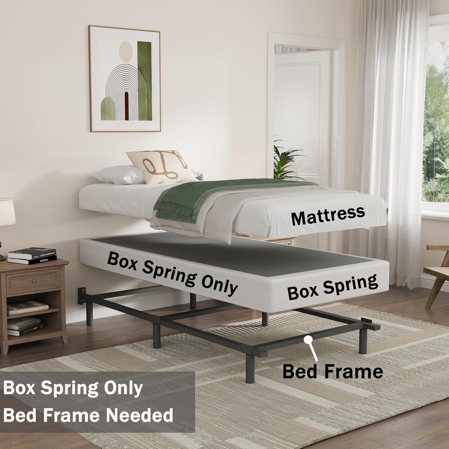 Bedsnus Twin Size Box Spring and Cover Set, 9 Inch High Profile Metal BoxSpring, Heavy Duty Structure Mattress Foundation, Noise Free, Non-Slip, Easy Assembly