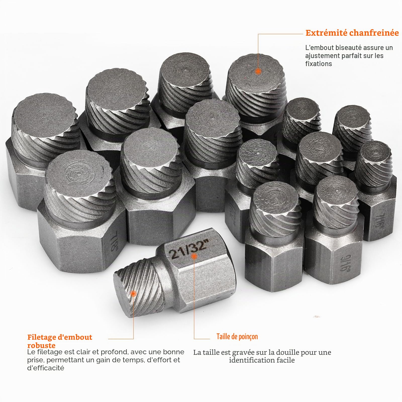 Set de 25 Extracteurs de Vis Cassée, Extracteur de Goujon Boulon, Set D'extracteurs de Vis Gauche pour Enlever Les Boulons Cassés