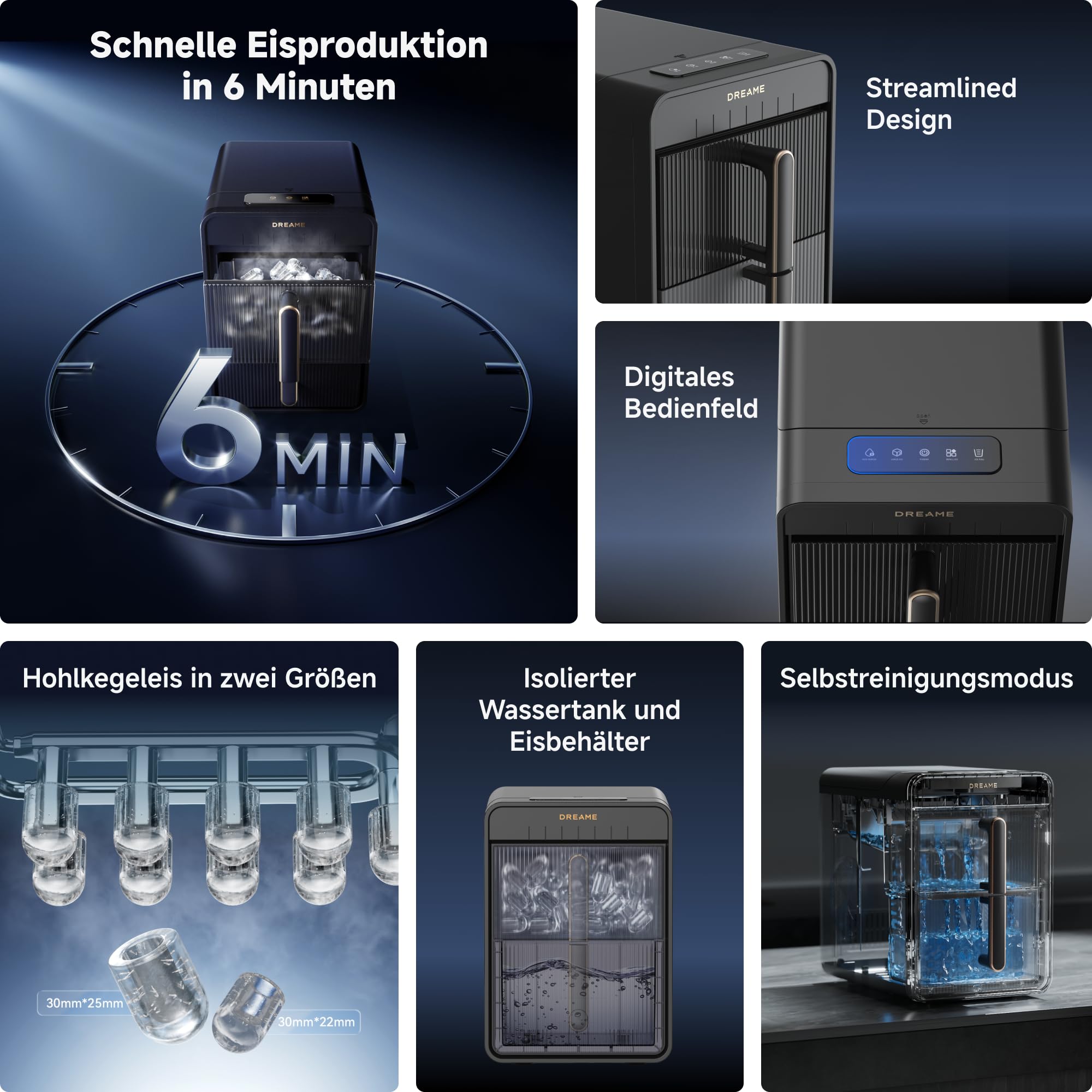 dreame Aura Eiswürfelmaschinen mit 6-Minuten-Schnelleisproduktion, isoliertem Wassertank und Eisbehälter, Eis in zwei Größen, digitaler Steuerung, LED-Licht und Selbstreinigungsmodus