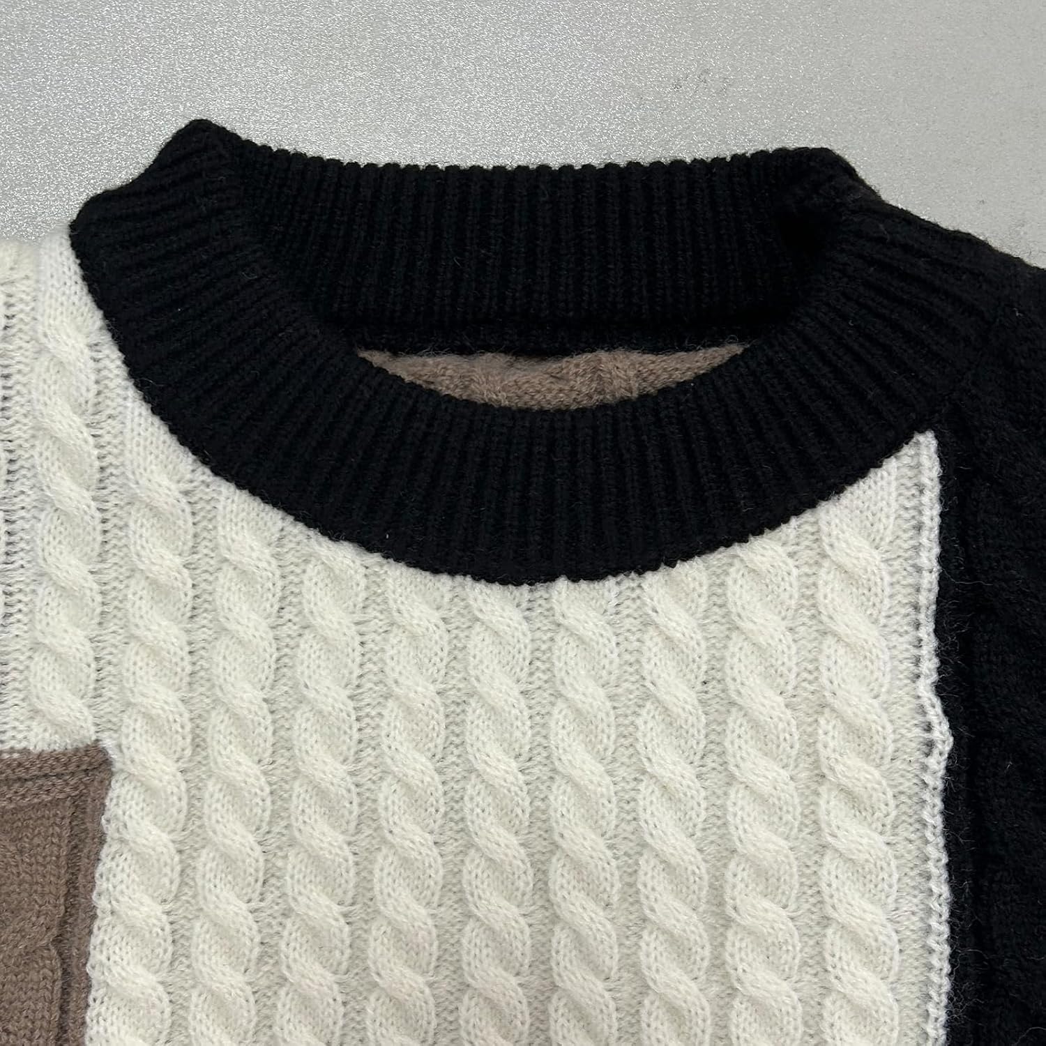 GURUNVANI Mens Patchwork Sweater Colorblock Knit Jumper Vintage Cable Knitted Pullover Sweater - Image 7