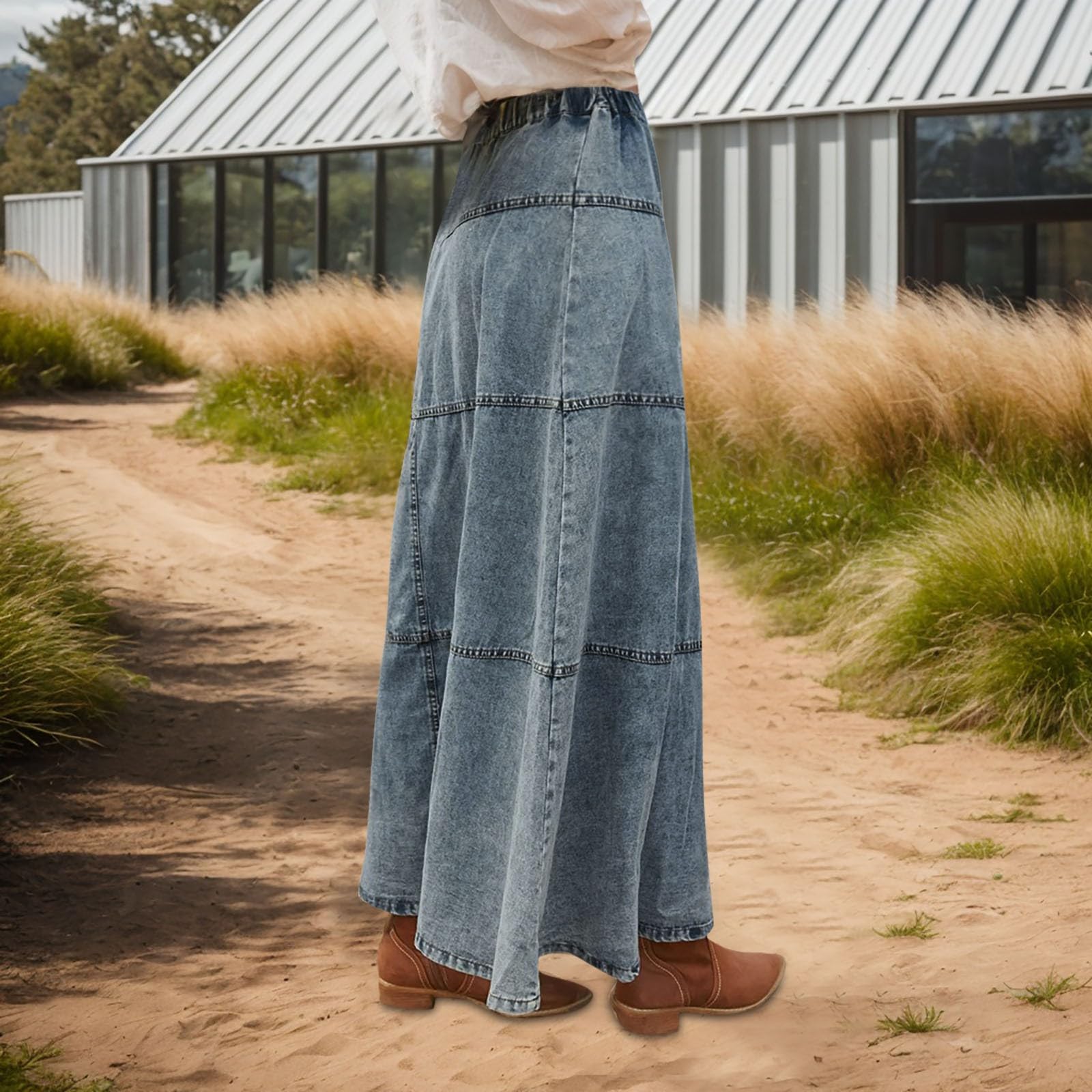Gonna in Denim Patchwork a Strati con Linea A in Stile Boho da Donna