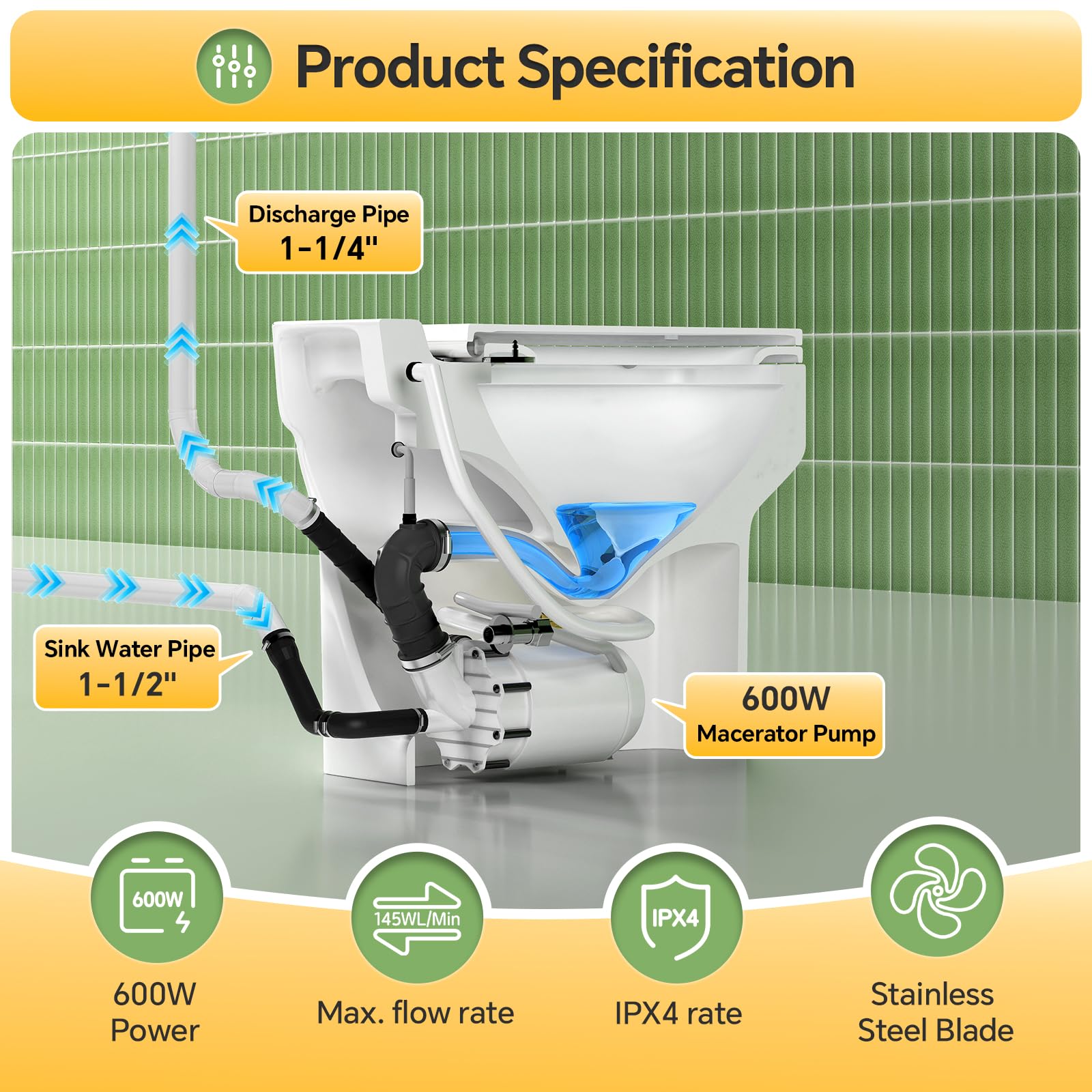 WC de broyage compact 600W, WC upflush monobloc avec pompe de broyage intégrée pour cave, petits espaces, grenier ou salle de bain sous les escaliers, télécommande, double chasse d’eau, 4/5 CV
