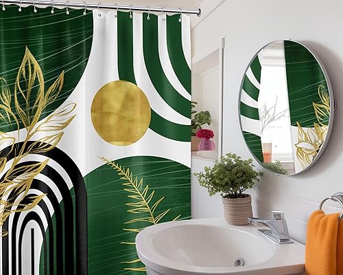 Miniatura 3 de Olive Green and Gold Shower Curtain Boho Mid Century Modern Hunter Green Shower Curtains for Bathroom Decor Sets, Waterproof Cloth Fabric with Hooks