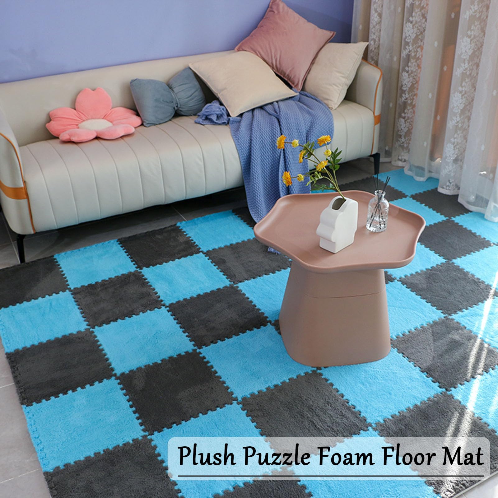 Lot De 12 Carrés Tapis De Sol Puzzle Peluche - Mousse EVA Antidérapante Bleu Et Beige Pour Chambre Et Salle De Jeux