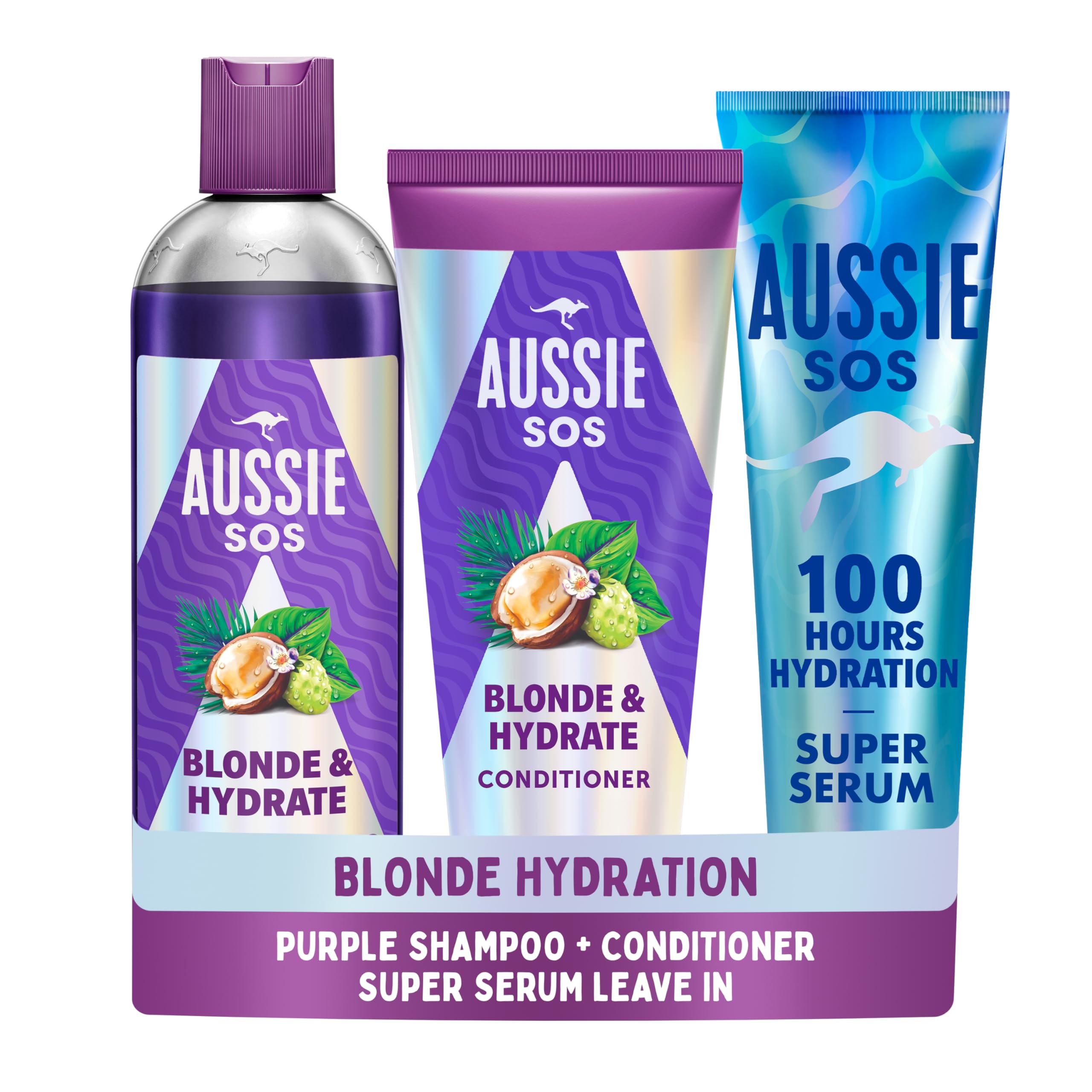 Aussie SOS Blonde & Hydrate Set: Purple Shampoo 300ml, Conditioner 200ml and Super Serum All in One Leave-In Treatment 160ml