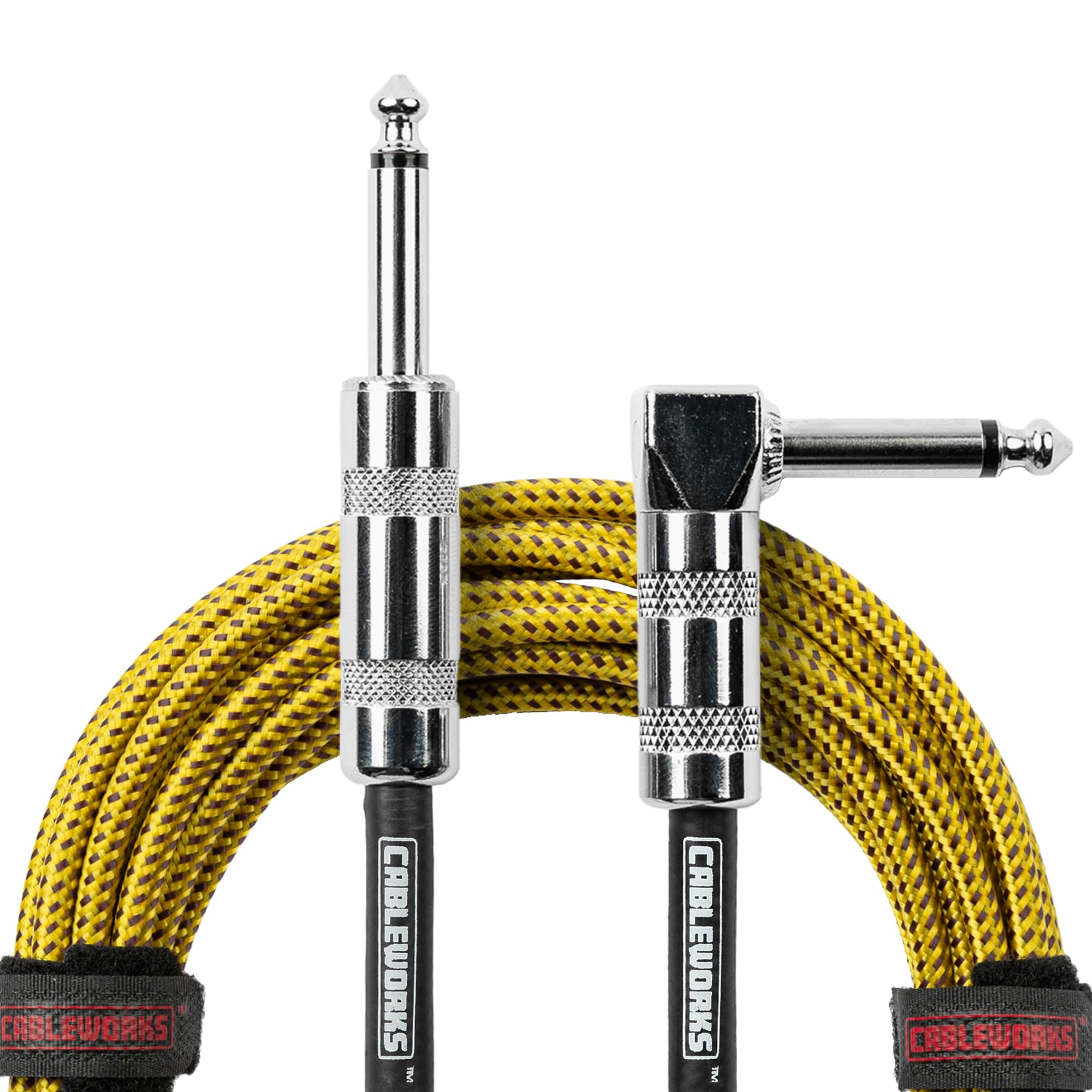 Cableworks Gator Cases Backline - Cable trenzado de instrumento de 10 pies, recto a ángulo recto, marrón/amarillo (GCWB-INS-10RABRY)