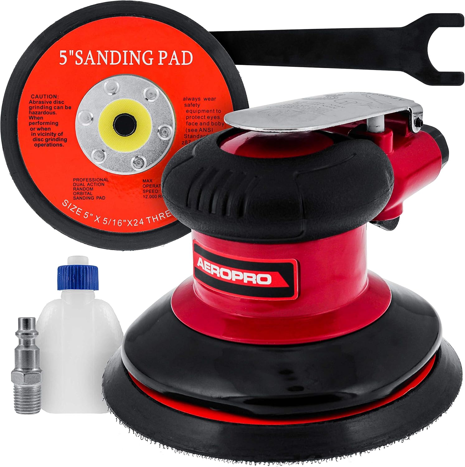TCP Global Professional Heavy Duty 5" Dual-Action Random Orbit Air Palm Sander with Both PSA and Hook & Loop Backing Pads - Orbital Pneumatic Sanding Disc Sander - Automotive Body Shop, Woodworking