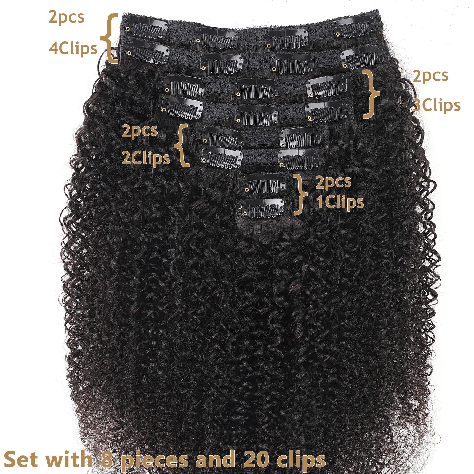Kinky-Curly Human Hair Clips Extension a Clip Cheveux Naturel 120g-8pcs Invisibles à Clip Human Hair Clips ins Perruques Pour Femmes Noires Clip Extension Brazilian Virgin Cheveux 12"