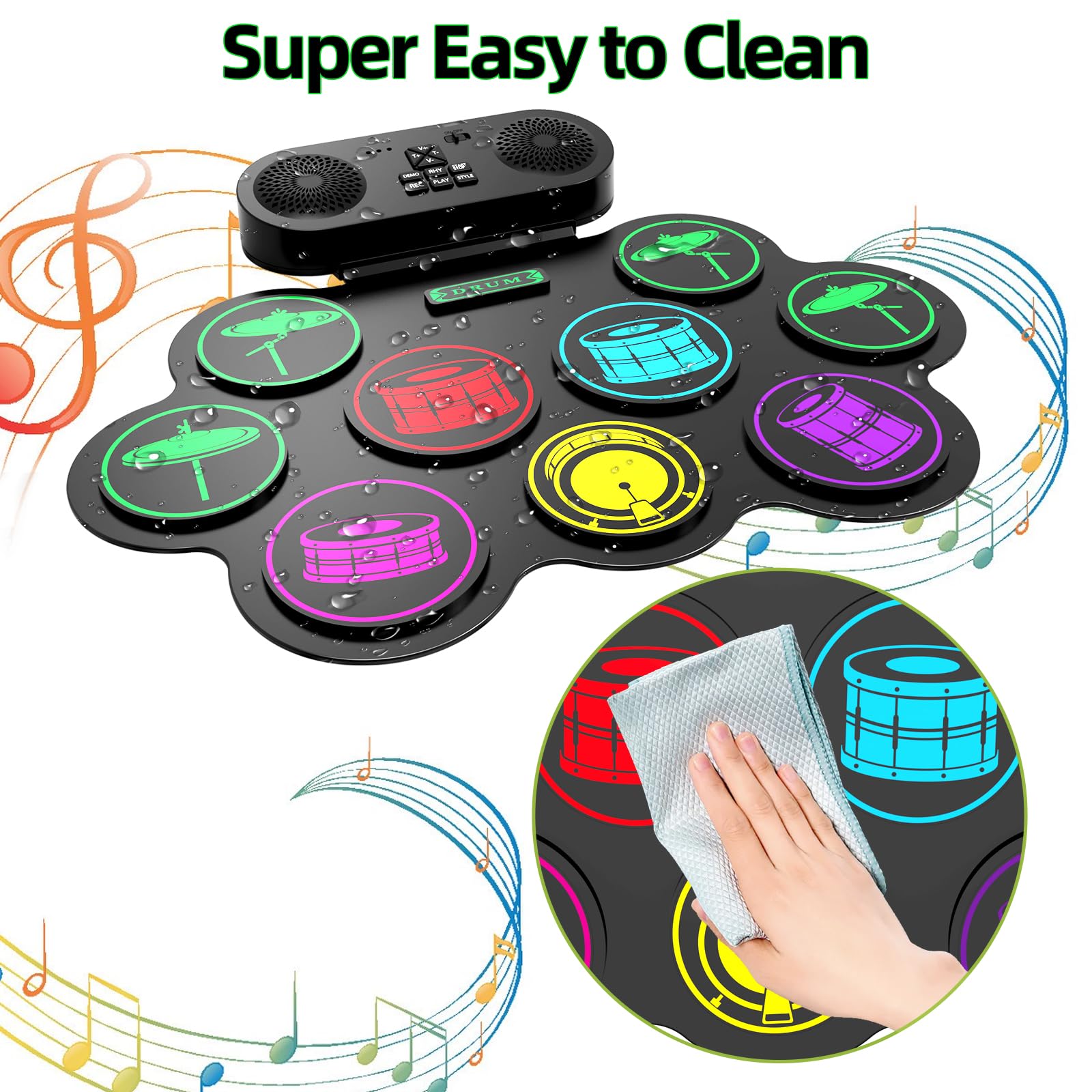 Juego de batería electrónica, 9 almohadillas de práctica MIDI Roll-Up Drum Pad con conector para auriculares integrado de doble altavoz y pedales, gran sorpresa de cumpleaños de Navidad para niños y 9