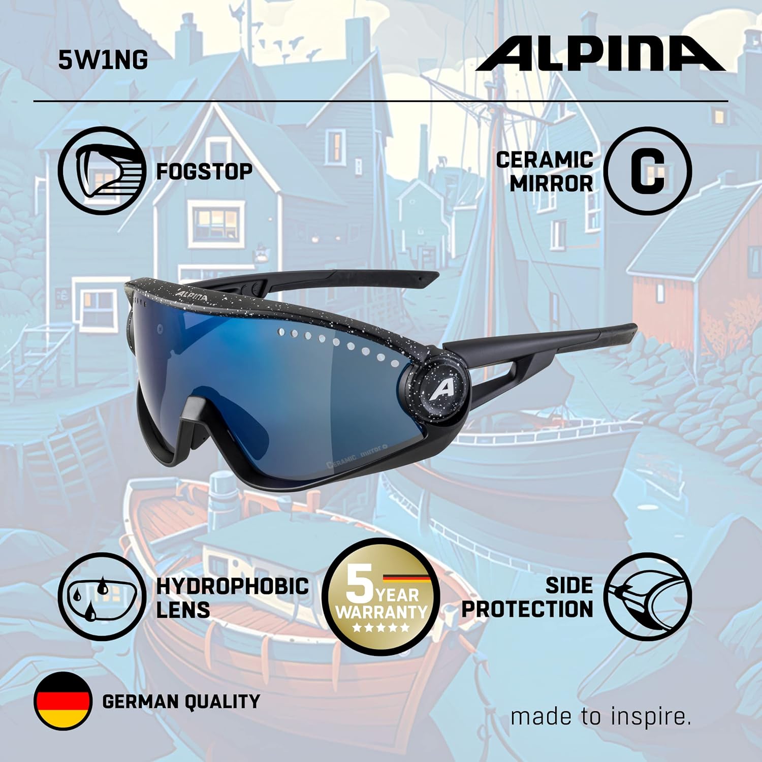ALPINA Mirrored, 100% UV Protection Sport Sunglasses For Men & Women, Cycling/Running, Removeable Side Protection, 5W1NG, black, one size