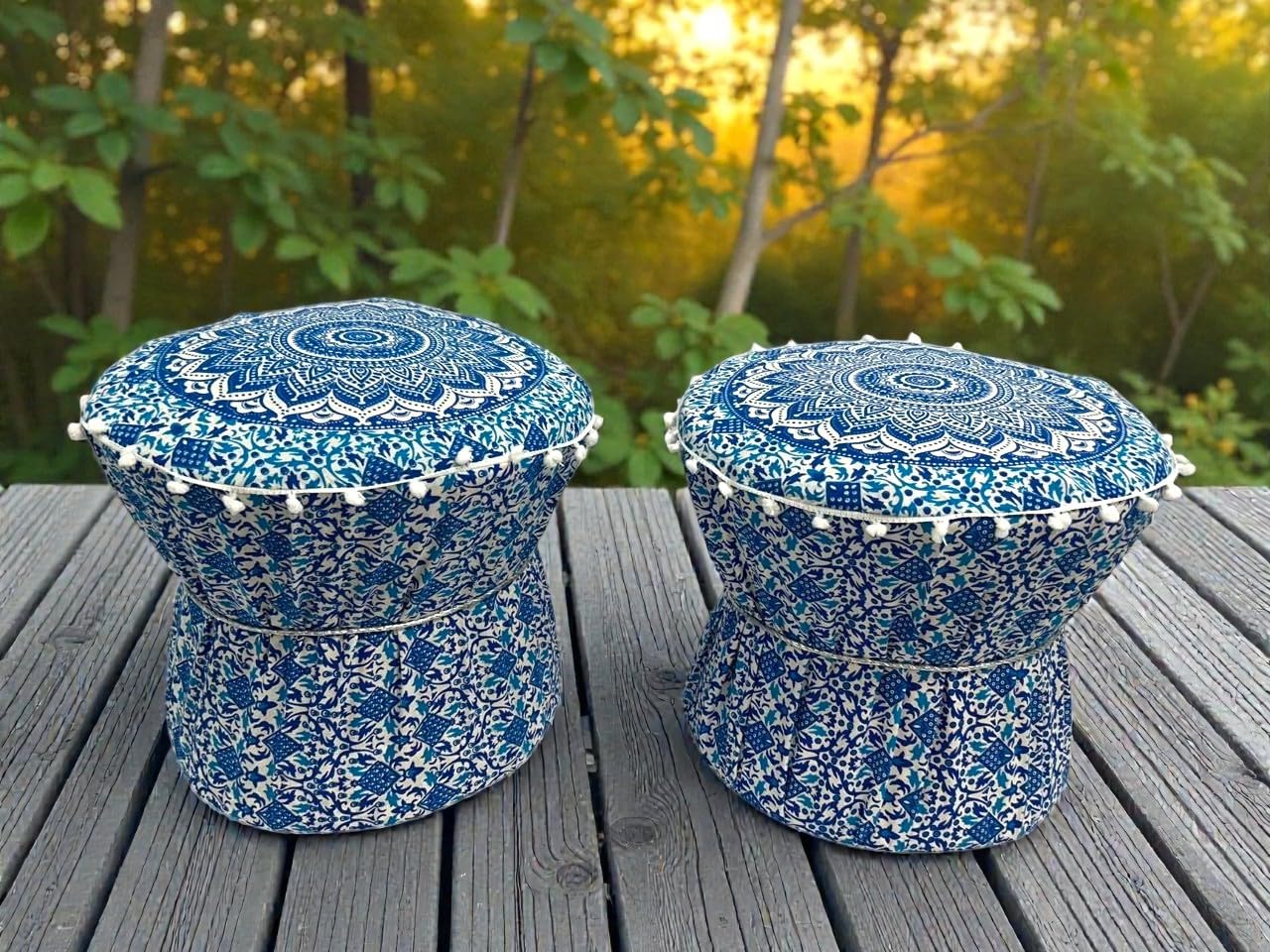 Handmade Blue-White Boho Pouffe Ottoman Cover Round Mandala Print Cotton Footstool Set of 2 Pieces Cover ONLY-image-41