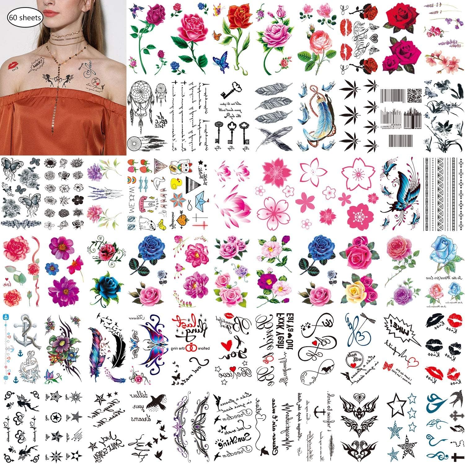 – MAKINGTEC 60 Sheets Waterproof Flower Floral Body Arm Sleeve Art Fake Temporary Tattoo Sticker for Women