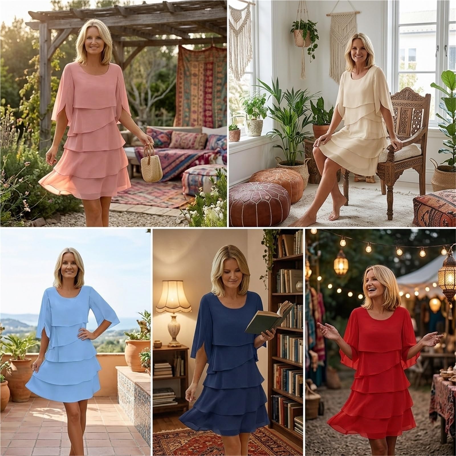 Abito in Chiffon Donna Elegante Midi con Volant, Vestito a Strati Manica a Campana 3/4, Abito Fluido per Invitata a Matrimonio Cocktail Cerimonia e Feste