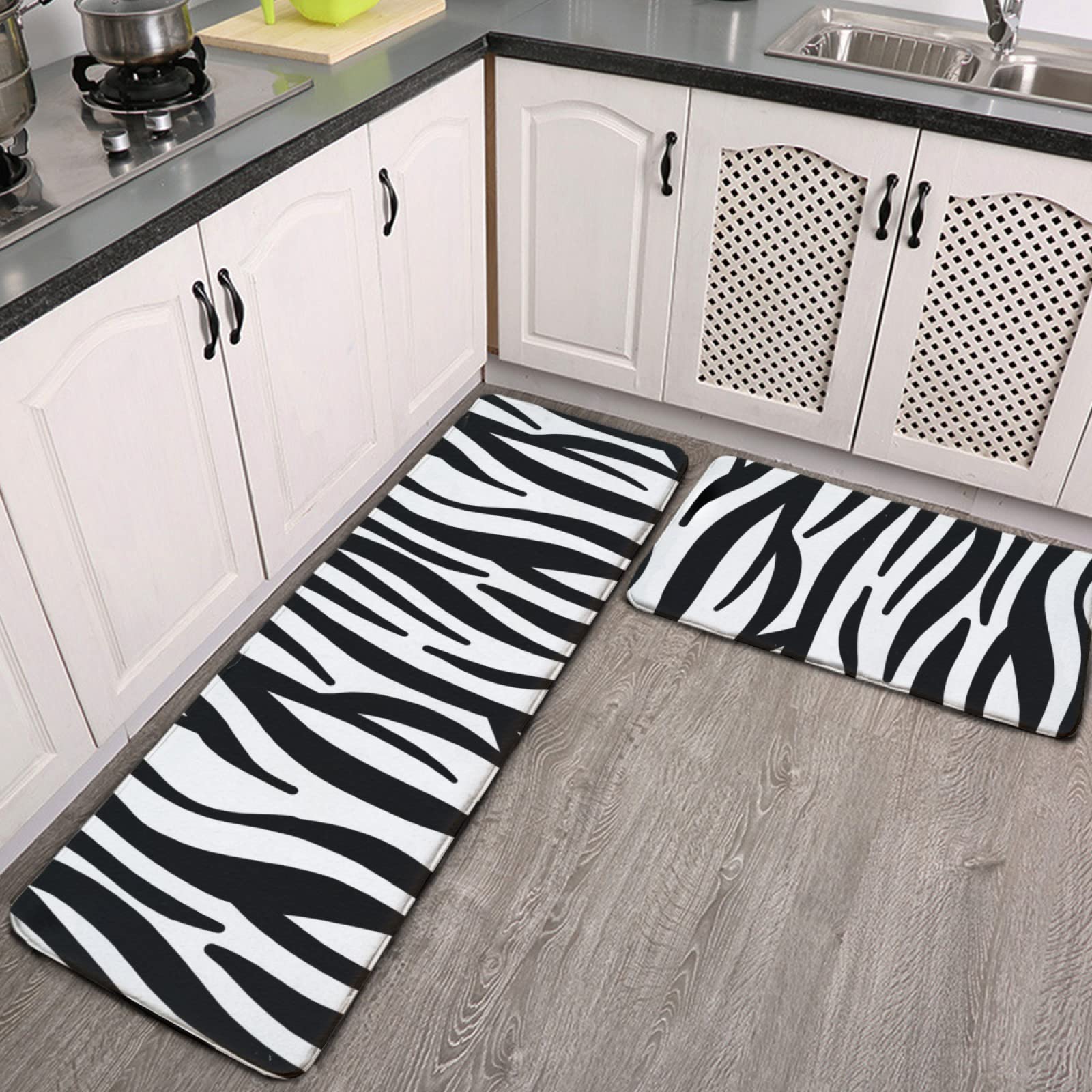 YouTary Zebra Print Kitchen Rug Set 2 PCS Floor Mats Washable Non-Slip Soft Flannel Runner Rug Doormat Carpet for Kitchen Bathroom Laundry