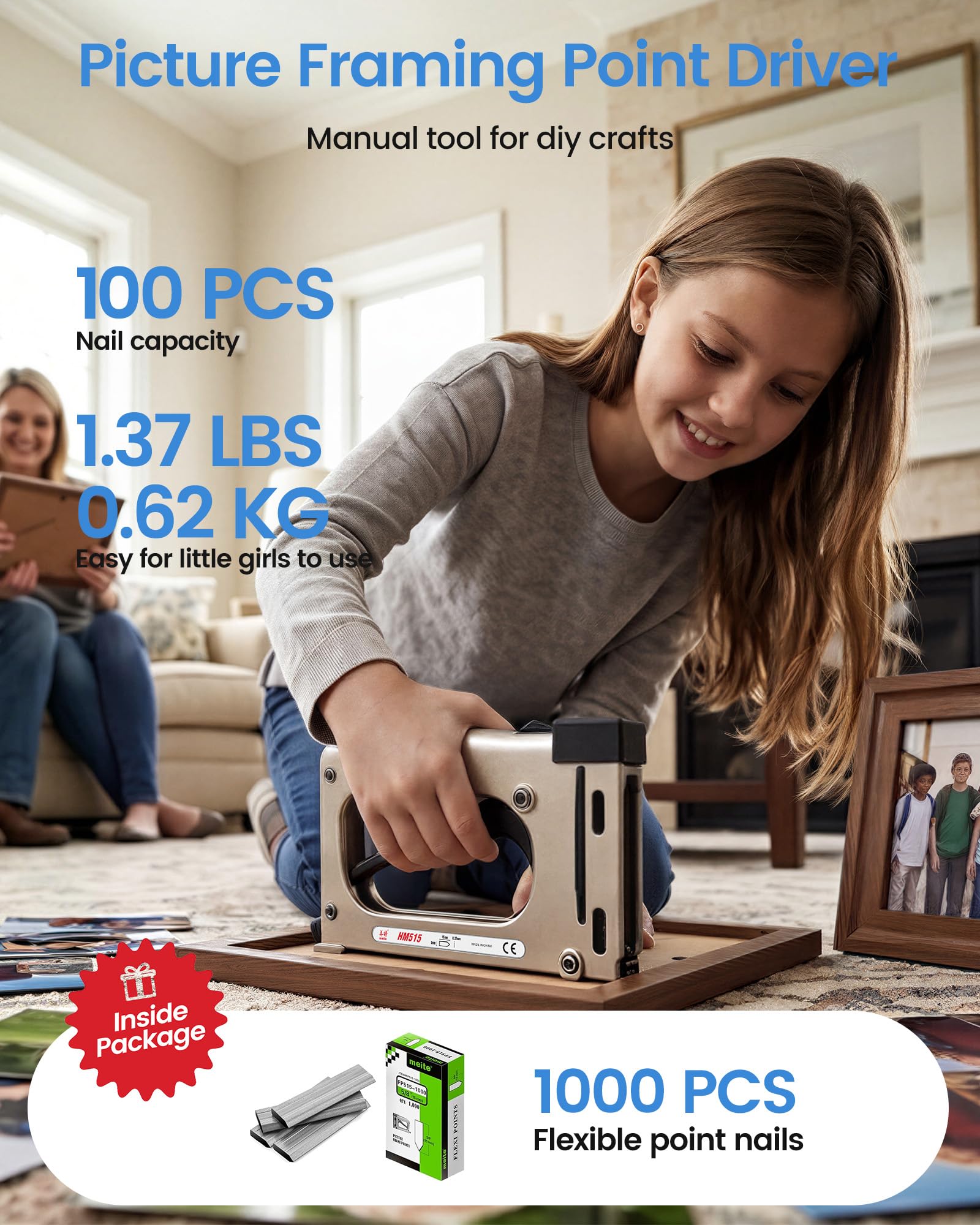 meite Strumento Manuale per Cornici con 1000 Punti, Driver per Punti Regolabile per Inquadratura di Quadri e Foto, Chiodatrice/Pinzatrice Manuale Leggera per Cornici e Pannello Posteriore (HM515)