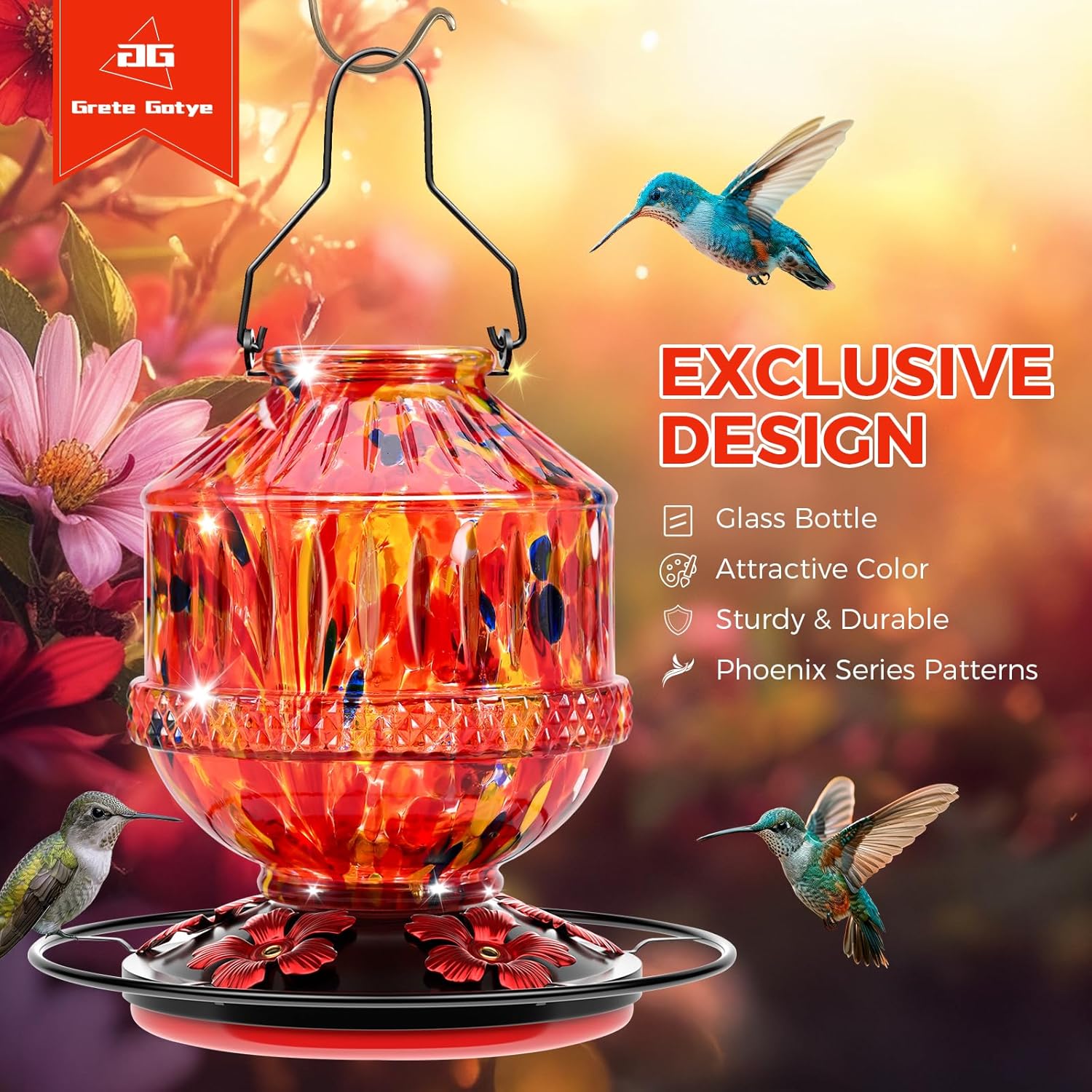 Blown Glass Hummingbird Feeders for Outdoors, 25 Ounces Wild Bird Nectar Feeder with Perch & 5 Flower Feeding Ports Leak Proof Hanging for Garden Backyard Decor, Gifts for Women Mom, Sunrise Red - Image 2