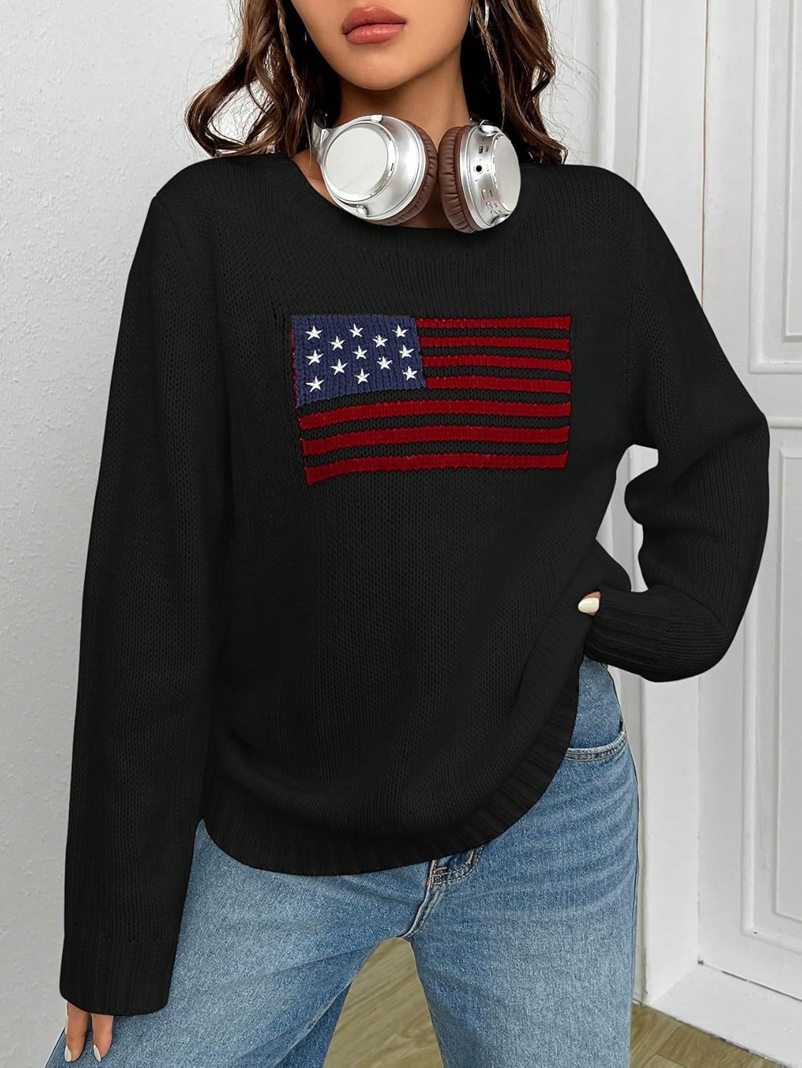 SweatyRocks Women's Flag Pattern Long Sleeve Round Neck Sweater Casual Loose Pullover Sweater - Image 5