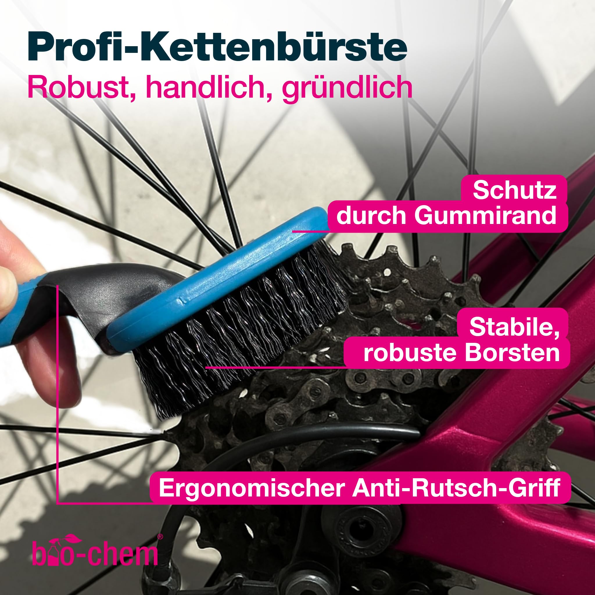 bio-chem Fahrrad Zubehör Set 8-teilig für Reinigung & Pflege | Mit Bürsten, Waschhandschuh & Tüchern für MTB, E-Bike, Rennrad und Citybike | Fahrradreinigung & Pflege