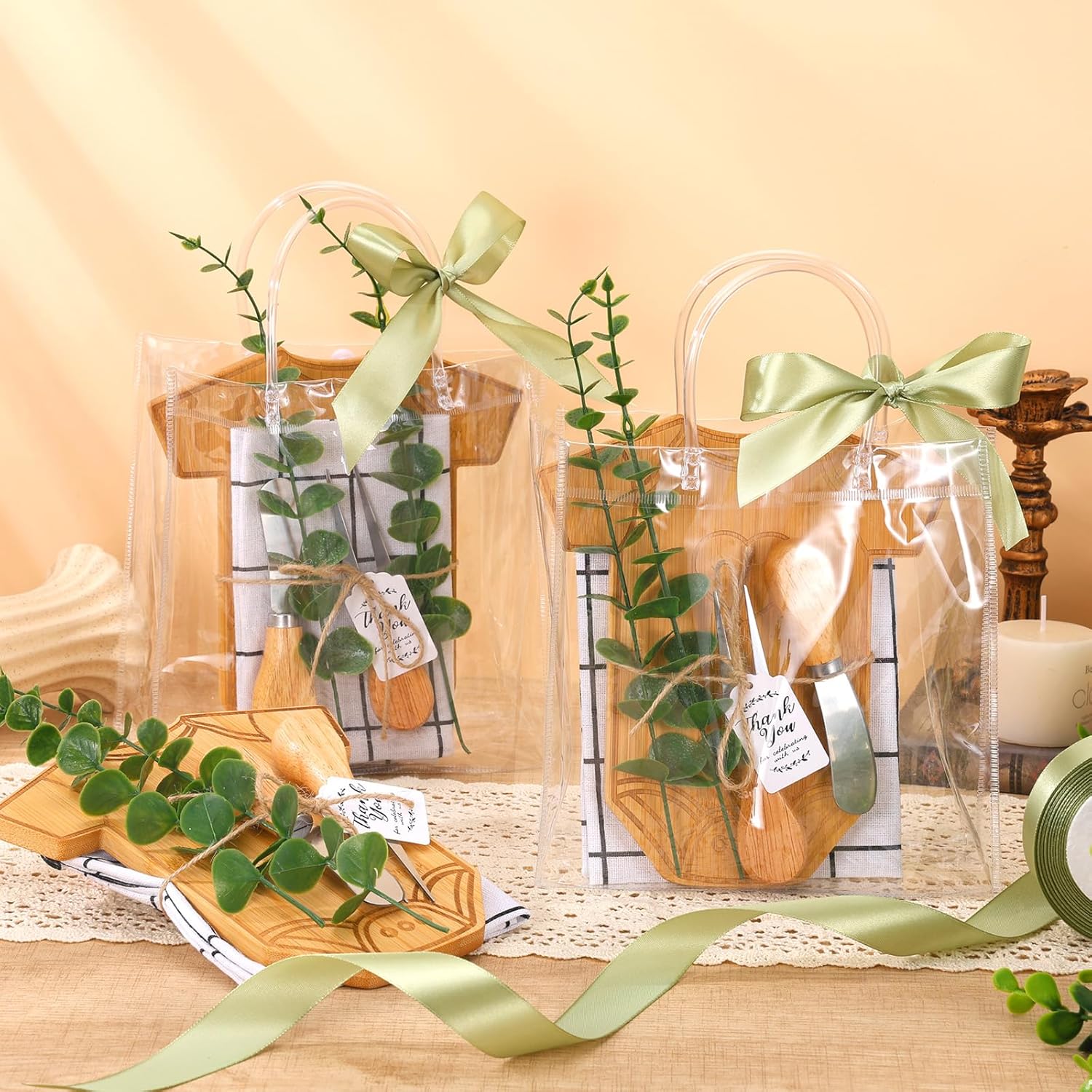 50 PCS Baby Shower Prizes for Game Winner 6 Sets Guest Gift Bamboo Charcuterie Cheese Board Thank You Tag Butter Spreaders Fork Plaid Towel with Gifts Bags for Baby Shower Wedding Bridal Gift Supplies