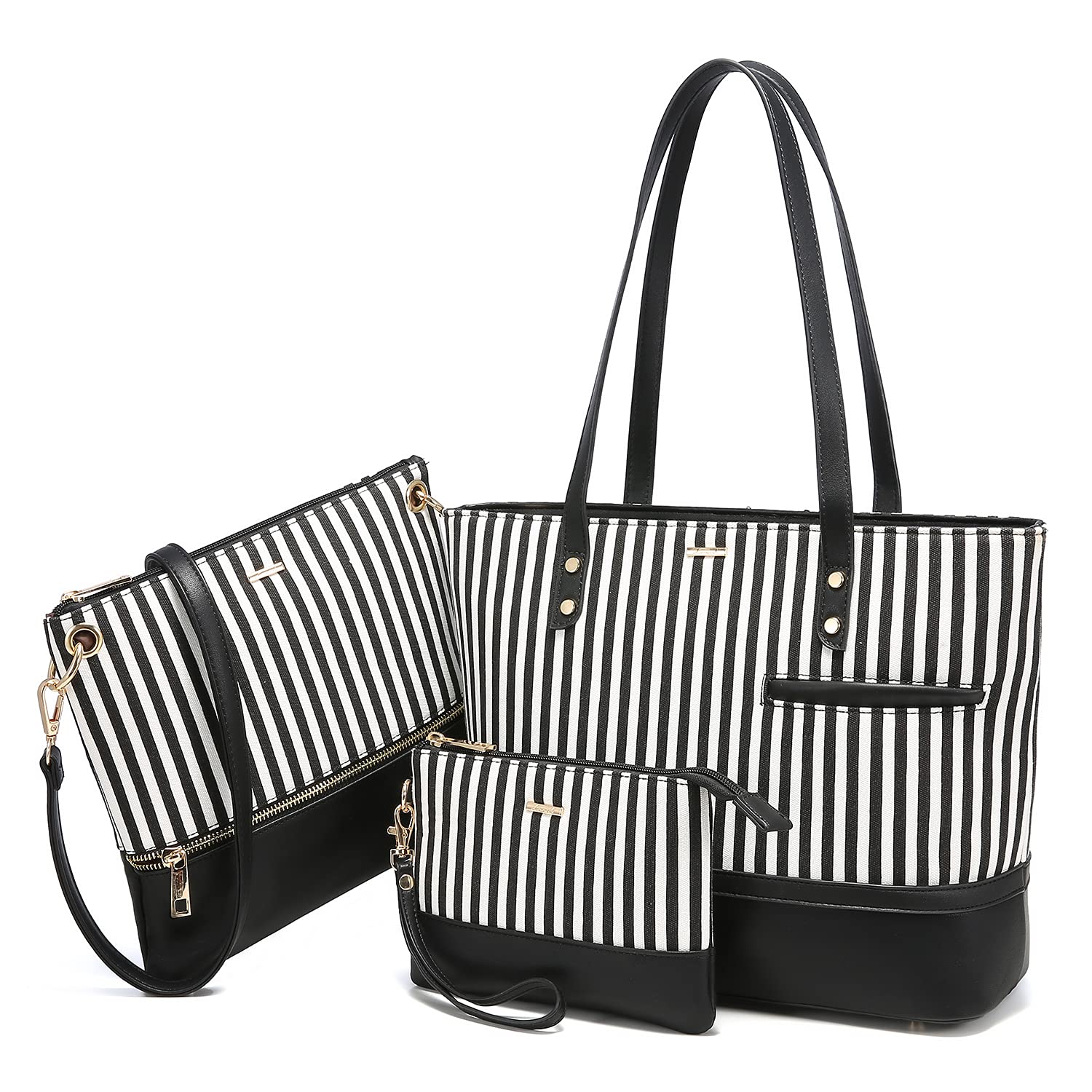 LOVEVOOK Womens Purses Satchel Handbags Shoulder Hobo Tote Bag Top Handle Crossbody 3pcs Purse Set Stripes Style,Black