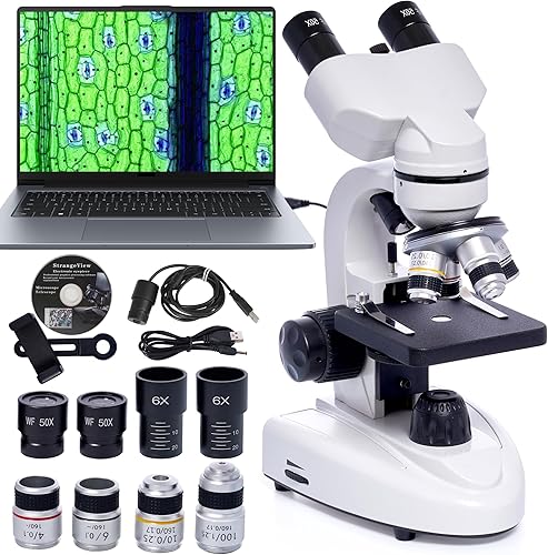 SELFIE CAT Microscopio de laboratorio para escuela, microscopio compuesto binocular 200X-5000X Ampliación para adultos niños estudiantes, kit de