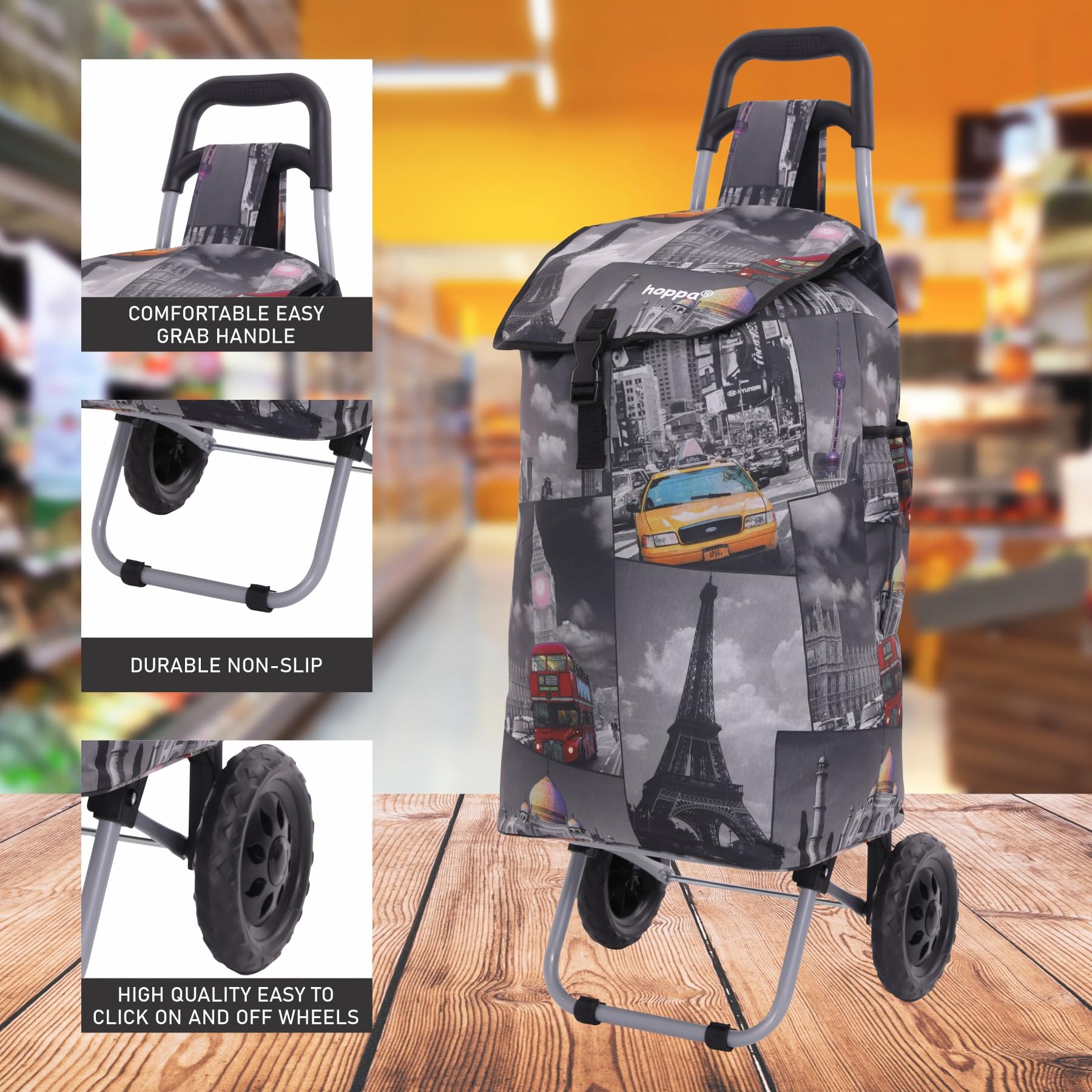 Hoppa Chariot Courses Extensible 57-64L - Poussette Marché Pliable 2 Roues Amovibles - Léger Imperméable Poches - Noir