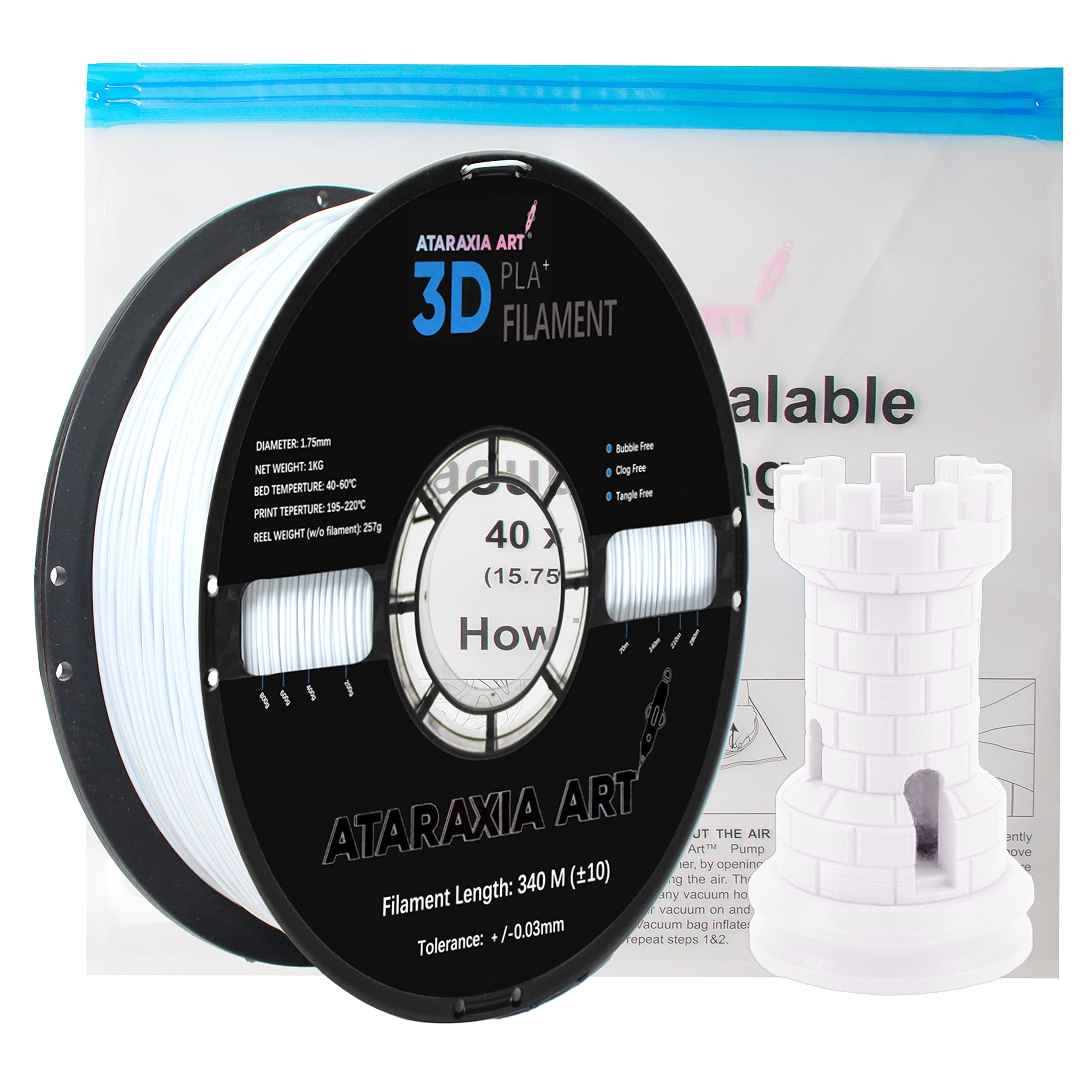 ATARAXIA ARTPLA Plus Filament 1.75mm, Neat Winding, 3D Printer filament,1 Kg, Dimensional Accuracy +/- 0.03mm, with vacuum Storage Resealable Bag, Pantone Match, Fit Most FDM Printer, PLA IVORY WHITE