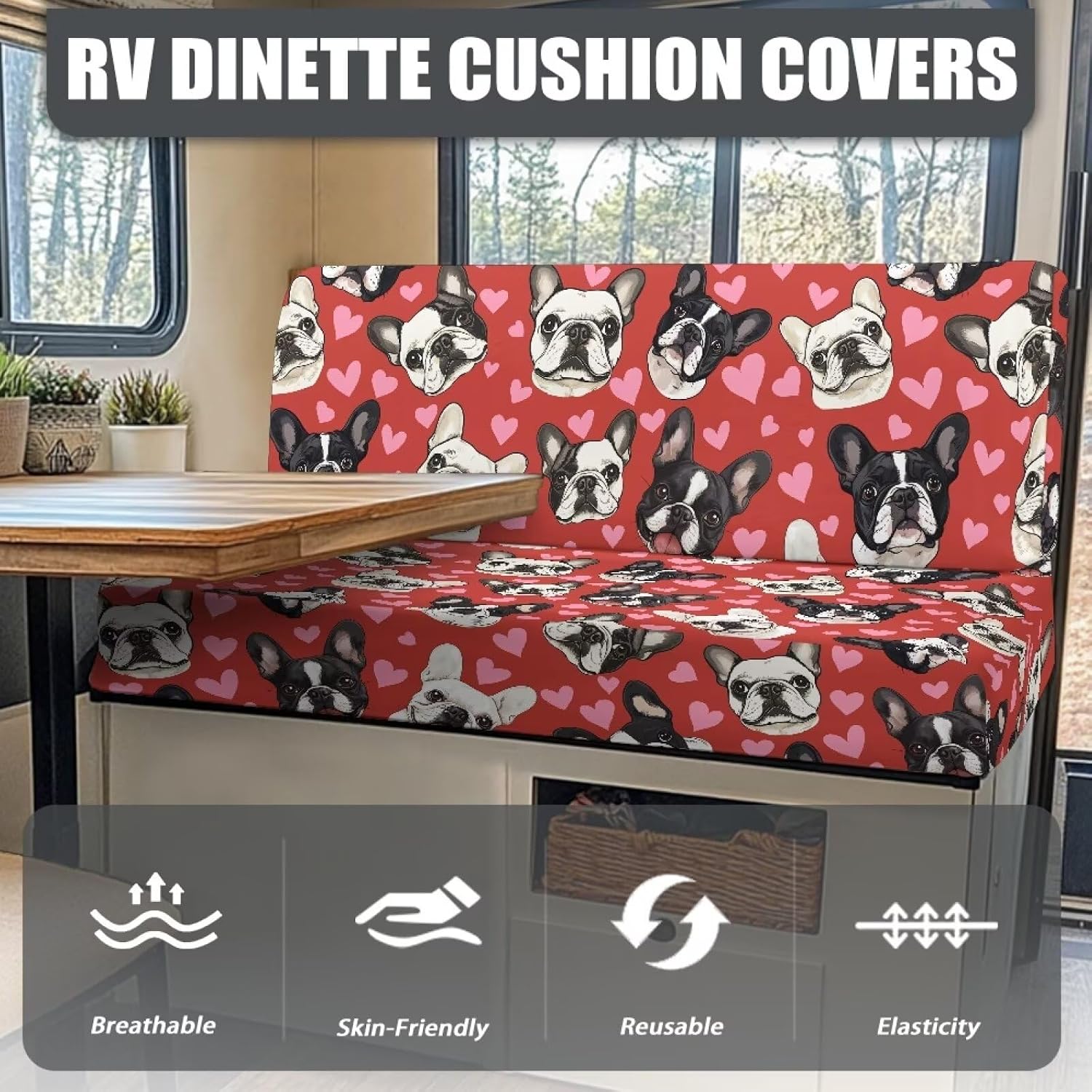 Rv Dinette Cushion Covers Set of 2 Valentine's Day Dogs Stretch Printed RV Sofa Seat Slipcovers Smooth Printed Camper Cushion Covers for Your Family and Friends