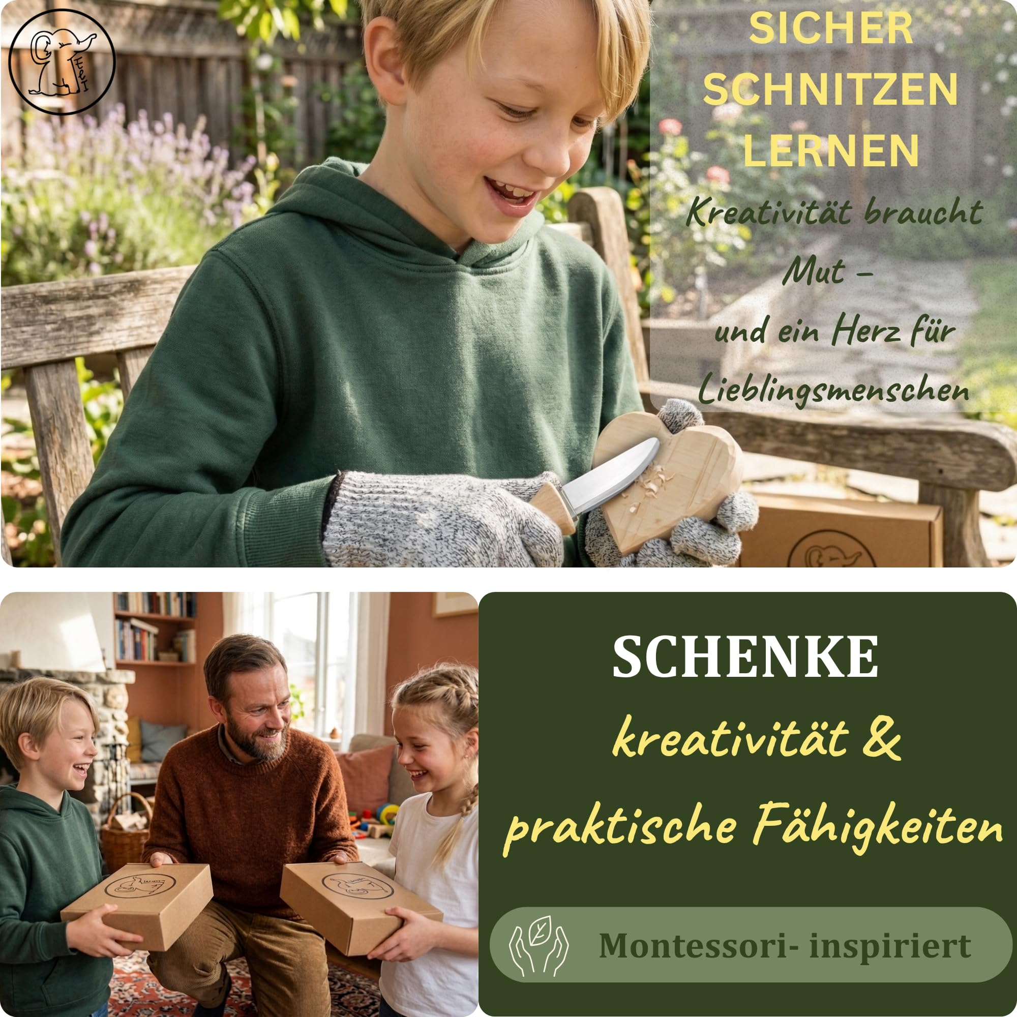 Eli® Schnitzmesser Kinder Set ab 6 Jahre inkl. Schnitzholz und schnittfeste Handschuhe - hochwertiges Kindermesser Schnitzset und Rohling Herz - Kinderschnitzmesser - Schnitzwerkzeug - Outdoor Messer