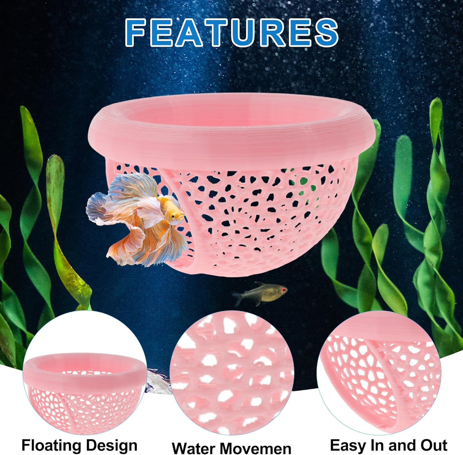 Betta Hideout Cave, Aquarium Floating Betta Hideout, Multi-Functional Betta Fish Hammock, Pink
