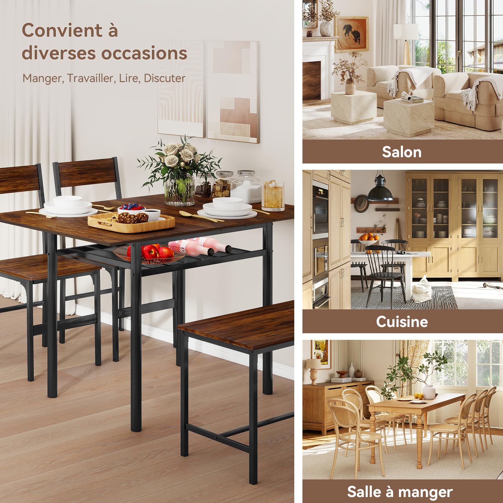 YU YUSING Table Pliante Extensible de Salle à Manger (60-120)x75x76cm avec 2 Chaises et 1 Banc - Ensemble de 4 Meubles - Bois et Métal - Marron Rustique