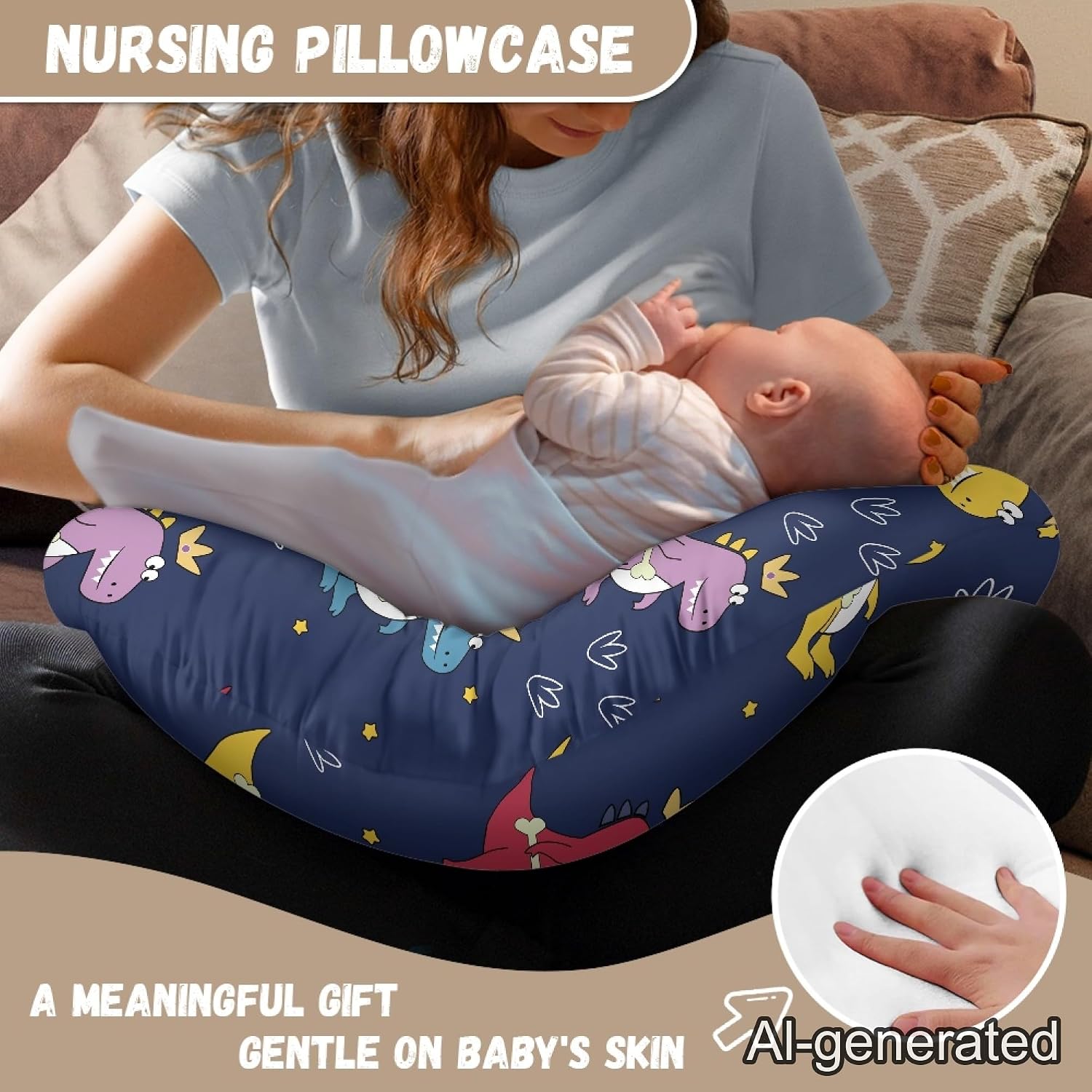 Dinosaur Nursing Pillow Cover for Baby Boy, Washable Nursing Pillow Case for Newborn, Soft Fabric Fits Snug On Infant, Watercolor Dinosaur Blue