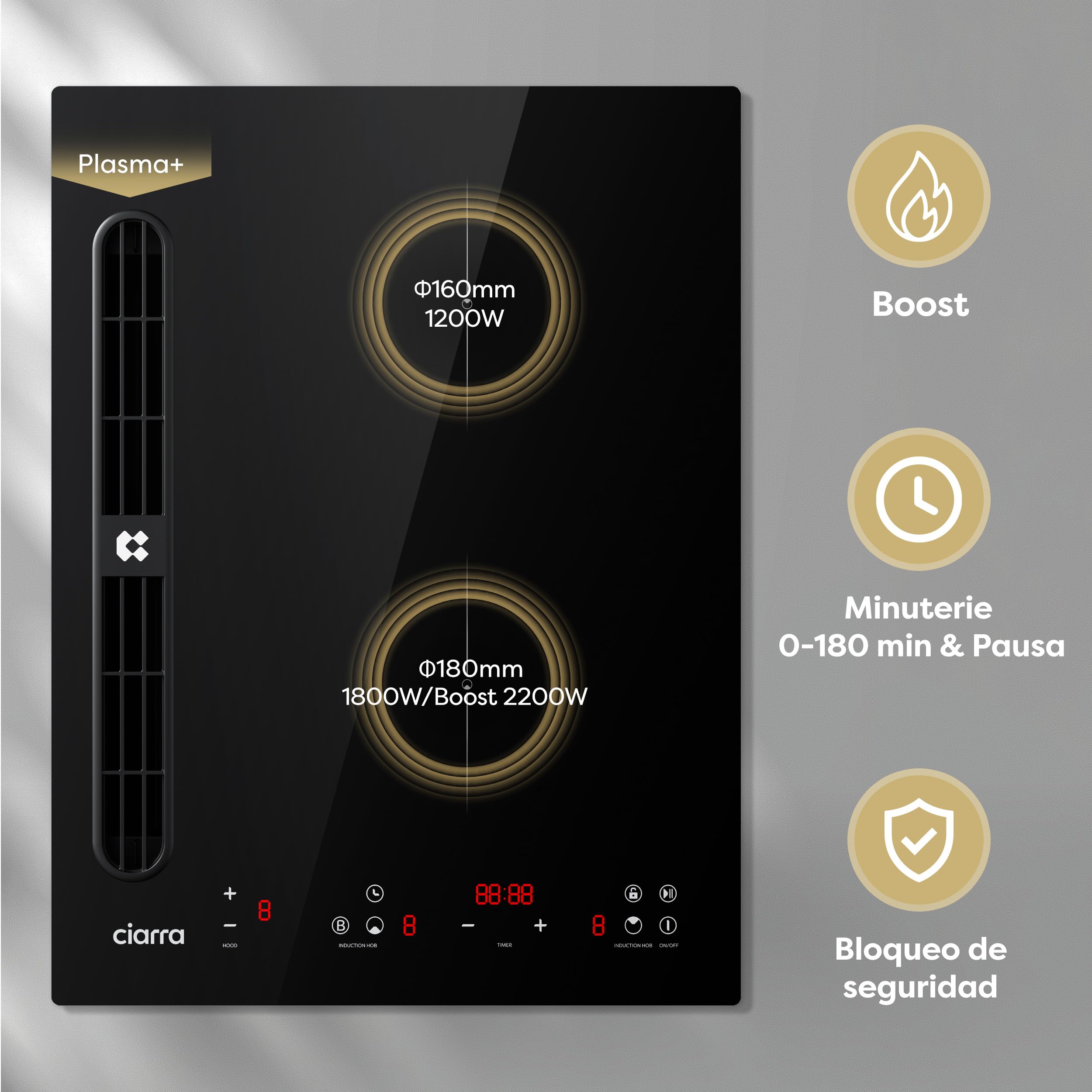 CIARRA CBBEH392B Placa Inducción con Extractor Integrado 39cm | Placa de inducción 2 placas| 3200W | Booster | Filtración por Plasma Avanzada, Booster, Función Pausa, Bloqueo Infantil