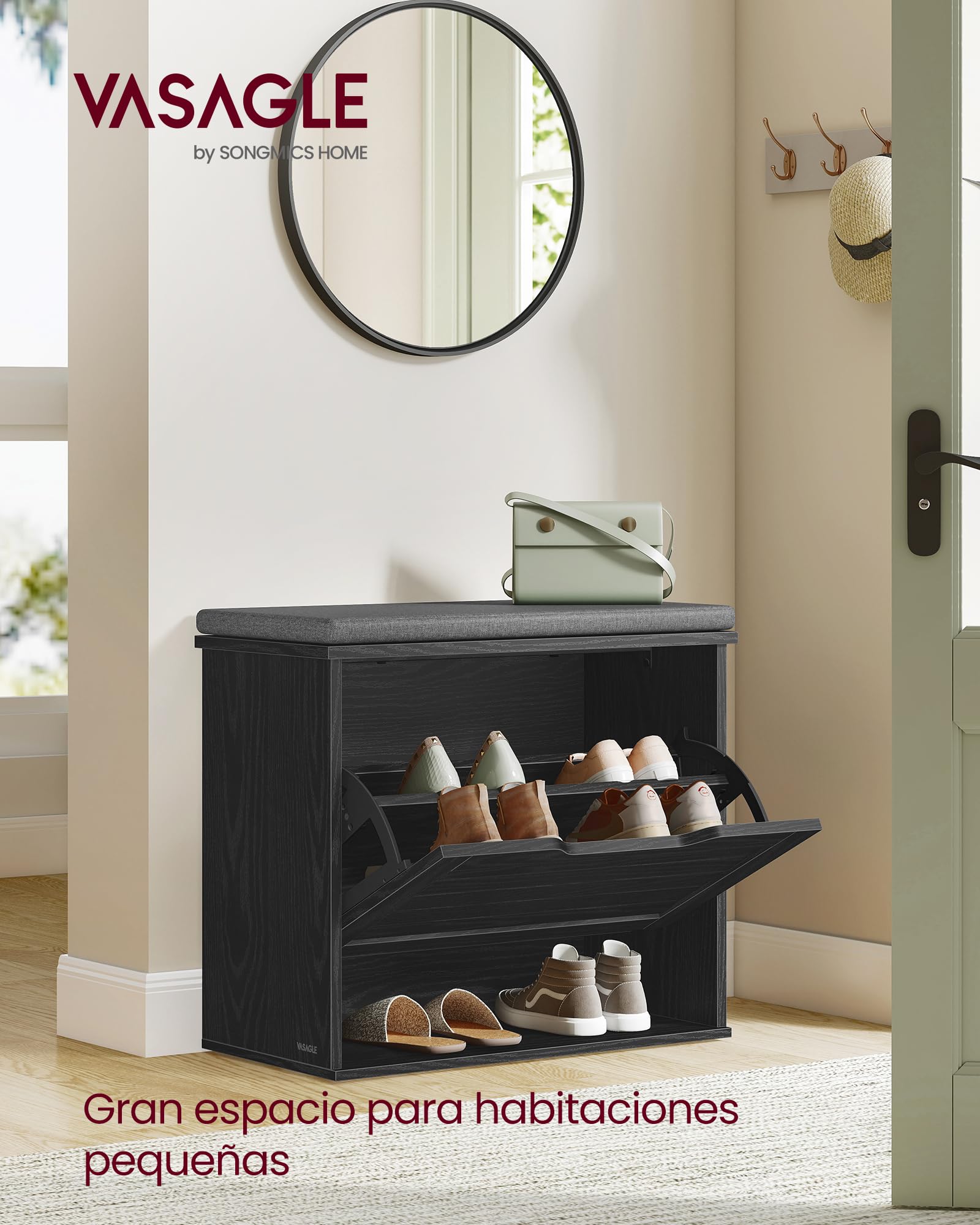 VASAGLE Banco Zapatero Acolchado, Mueble de Recibidor de 3 Niveles para 6 Pares de Zapatos, Cajón Abatible, 30 x 60 x 53,5 cm, para Entrada, Dormitorio, Negro Ébano y Gris Pizarra LSB121BE01